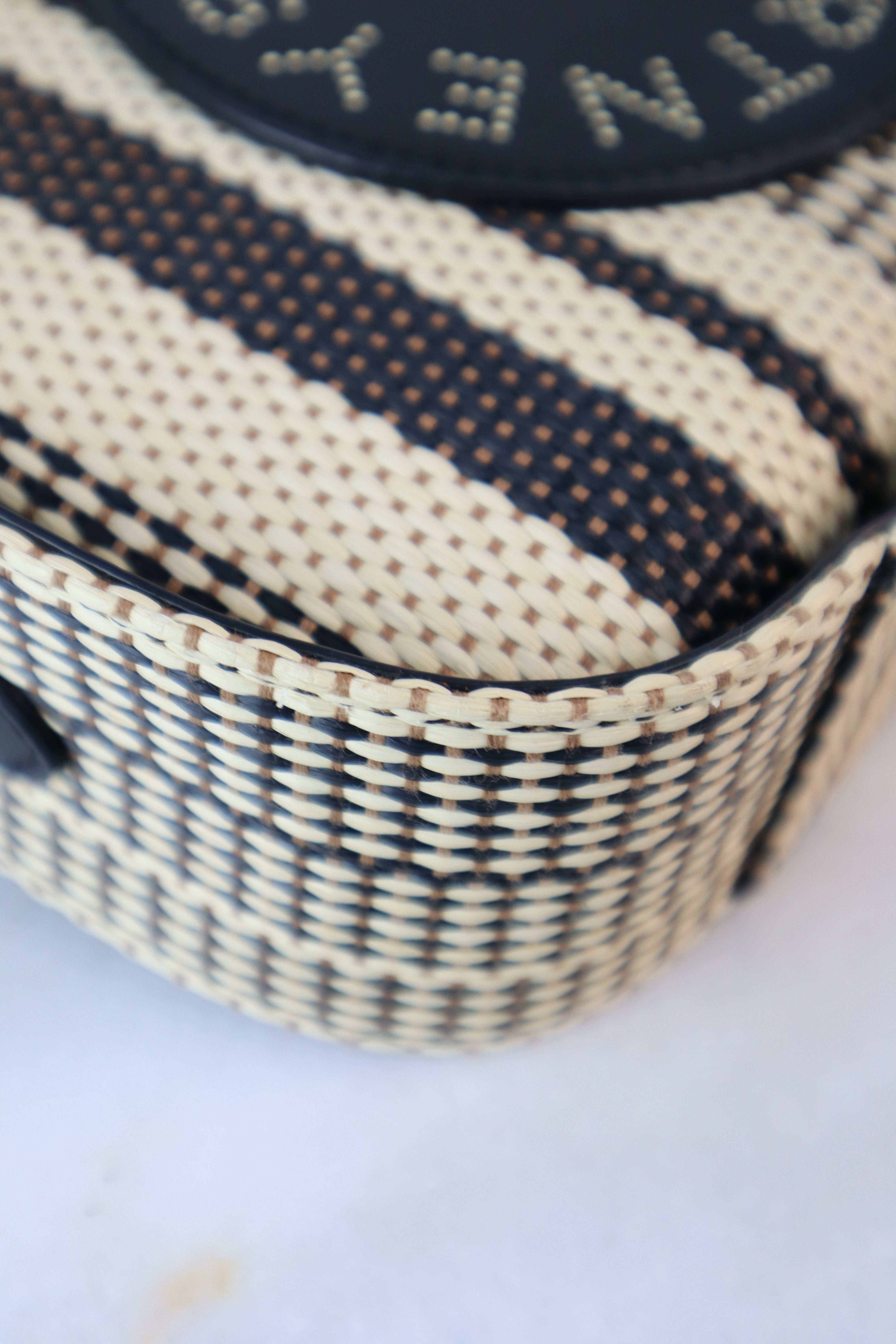 Stella Mccartney Bicolor Eco Small Raffia Striped Logo Camera Crossbody Bag