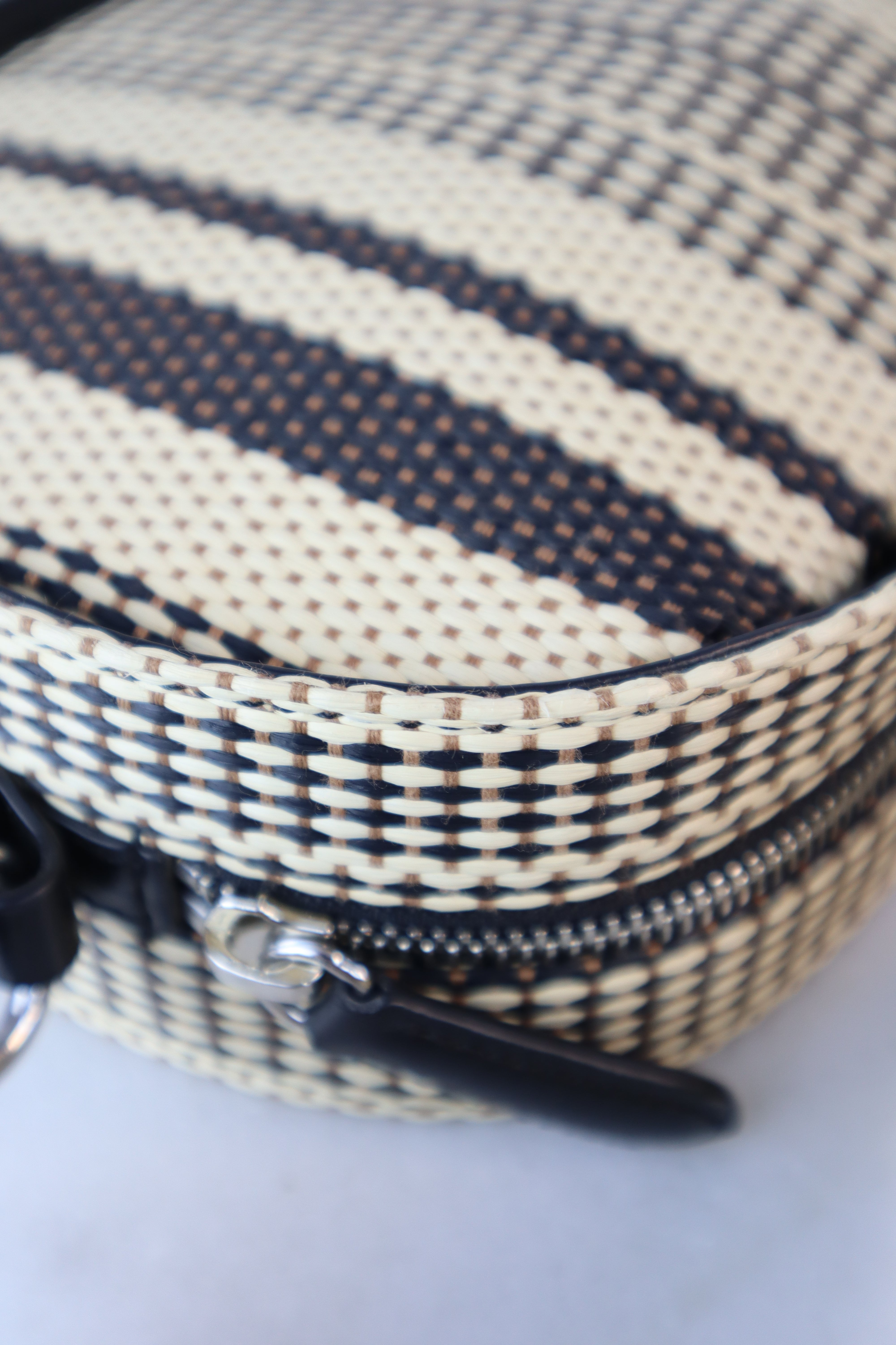 Stella Mccartney Bicolor Eco Small Raffia Striped Logo Camera Crossbody Bag