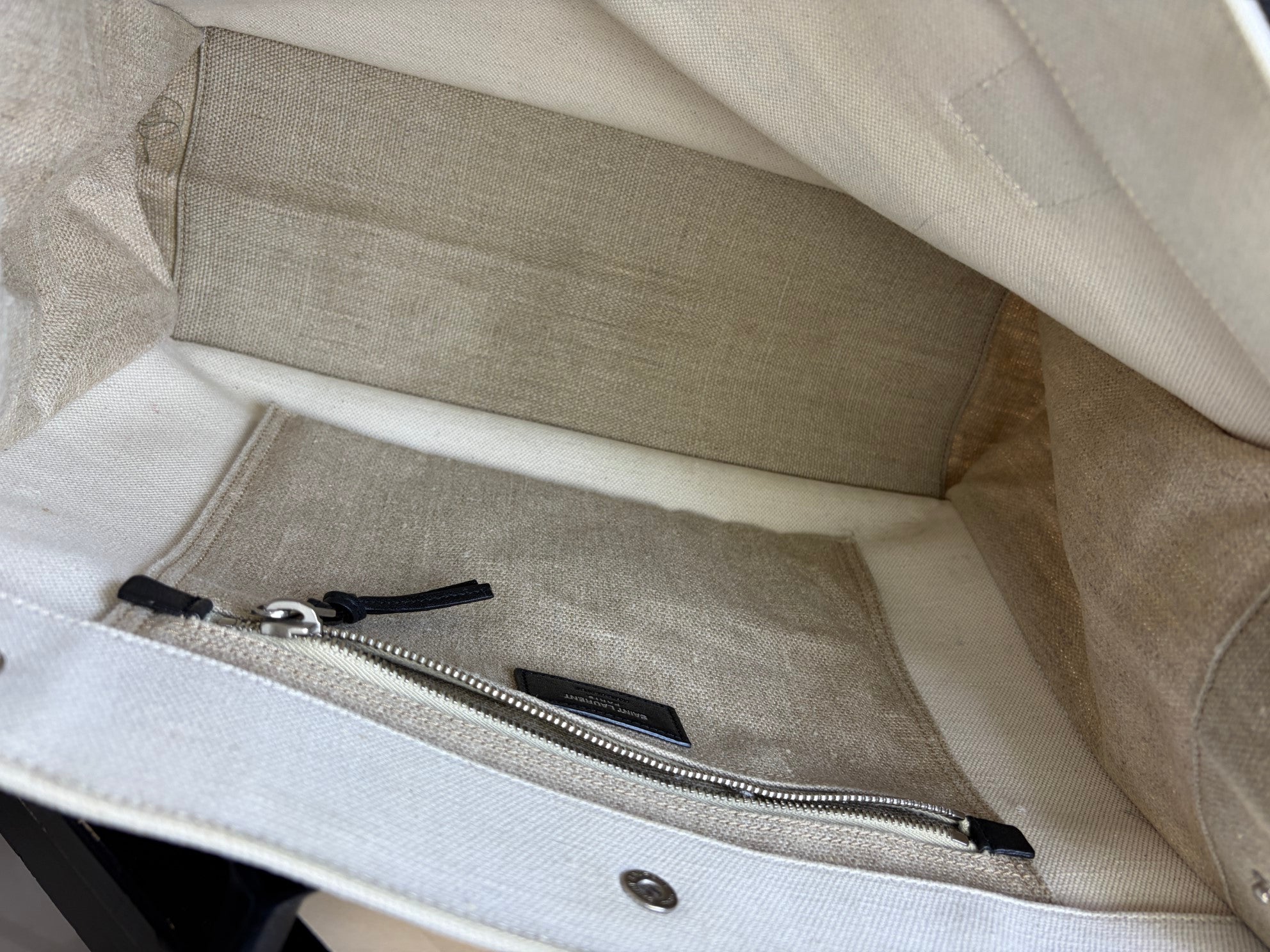 YSL Bicolor Linen Small Rive Gauche Greggio Tote Bag