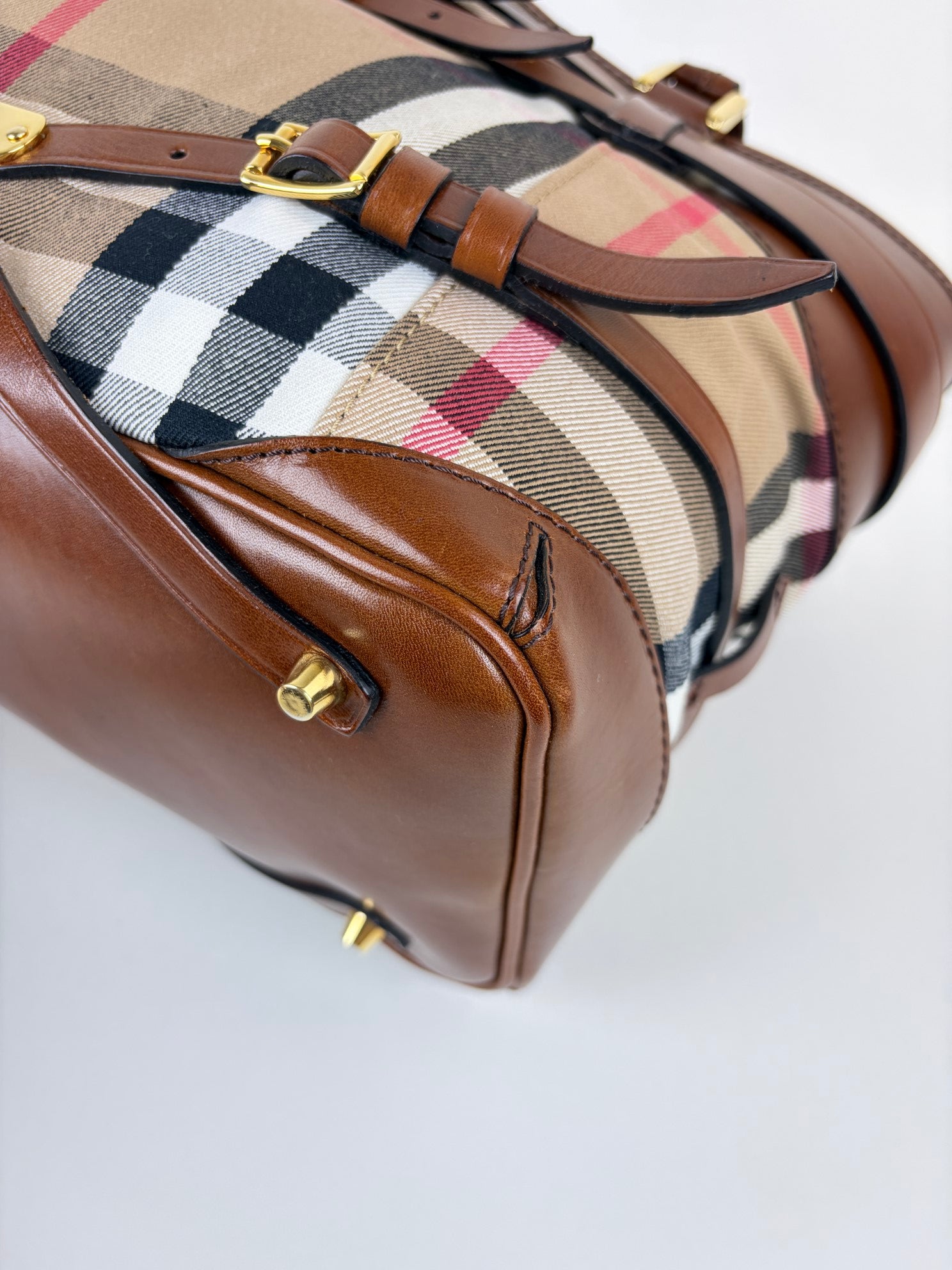 Burberry brown leather house check canvas lyhner medium tote bag