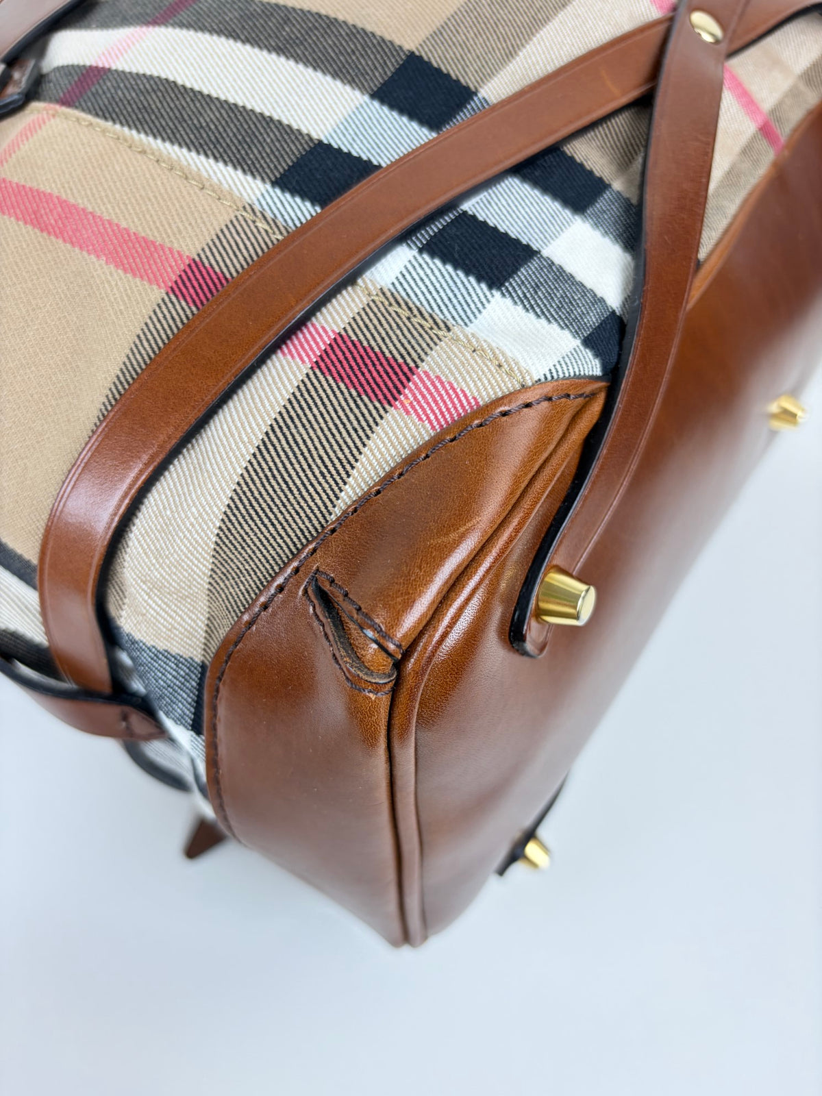 Burberry brown leather house check canvas lyhner medium tote bag