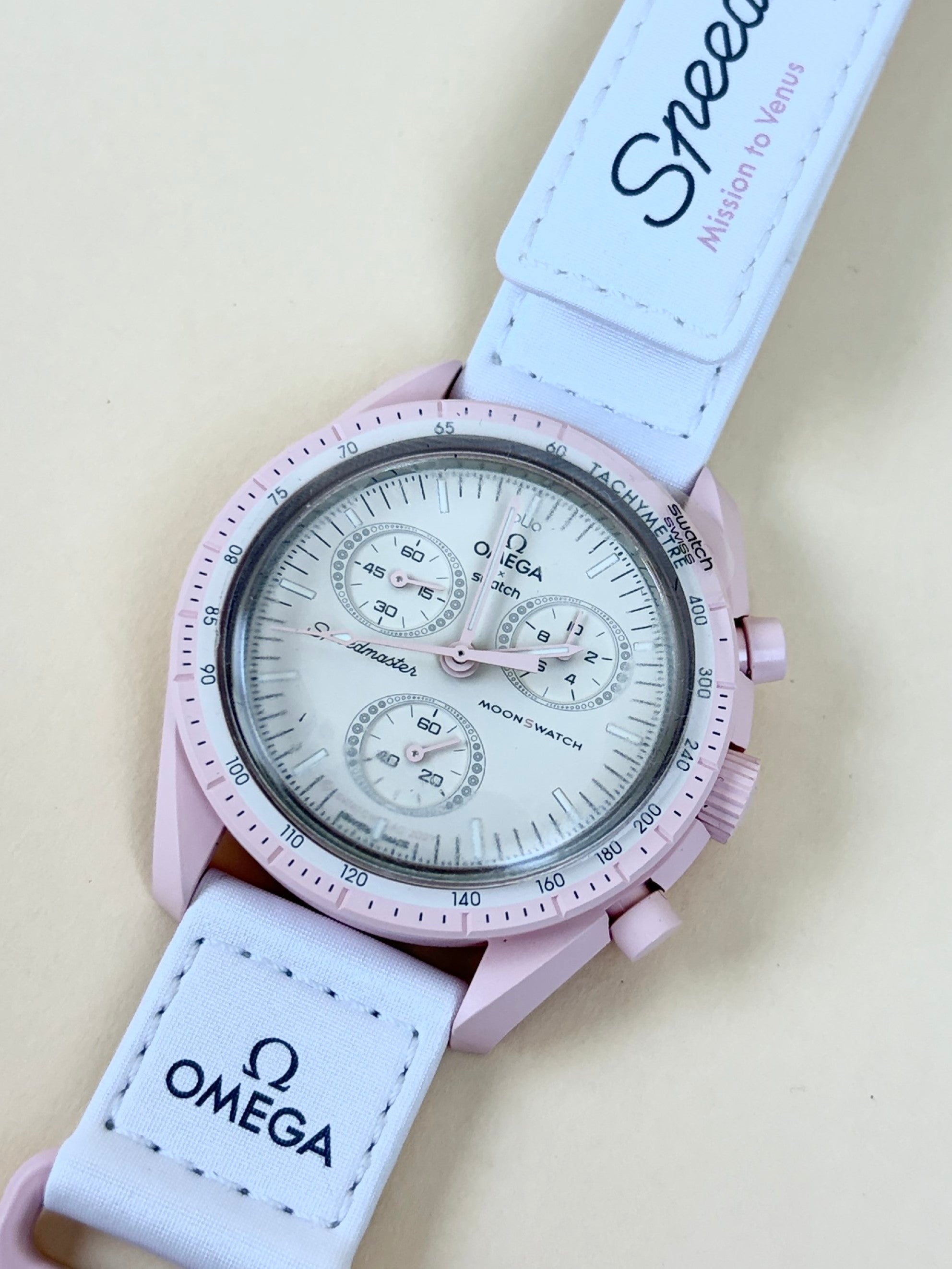 Omega swatch speed master pink and white mission Venus moon swatch