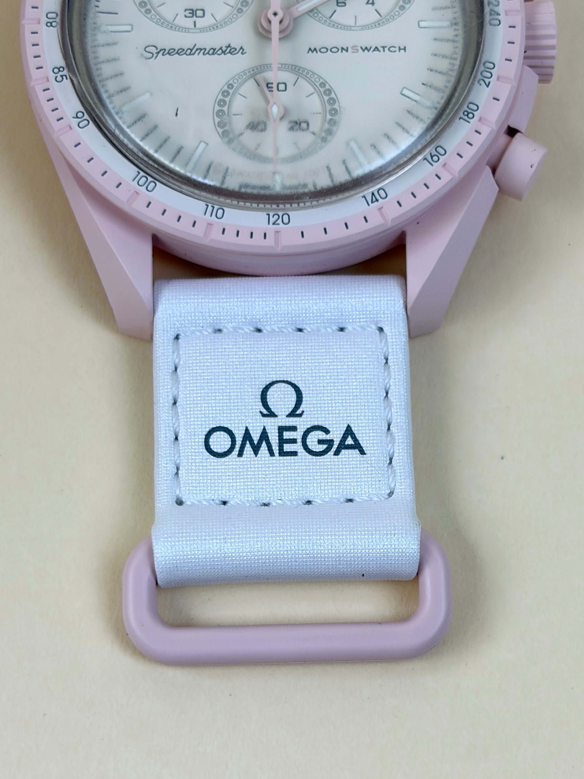 Omega swatch speed master pink and white mission Venus moon swatch