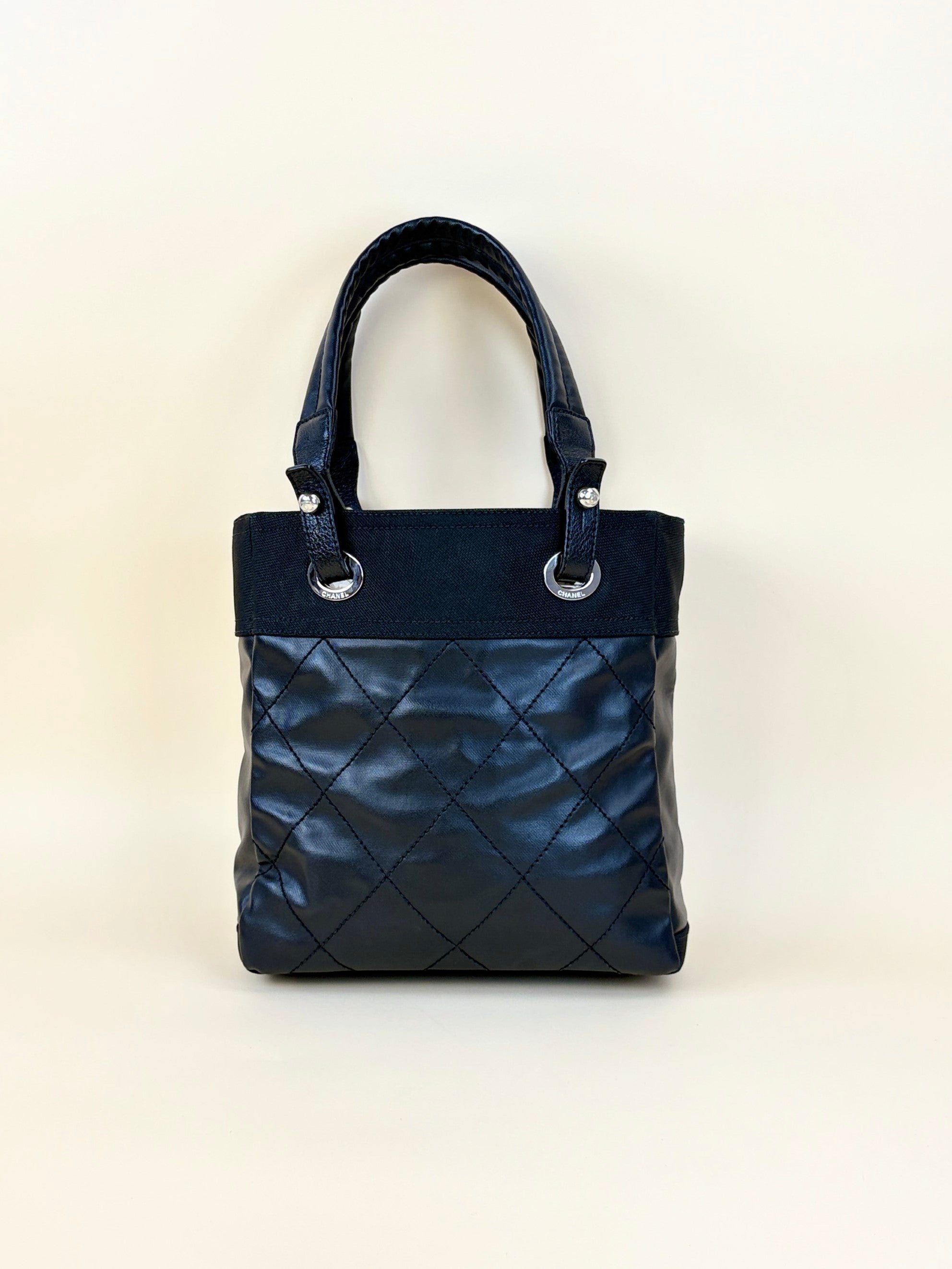 Chanel black coated canvas quilted small Paris Biarritz tote bag