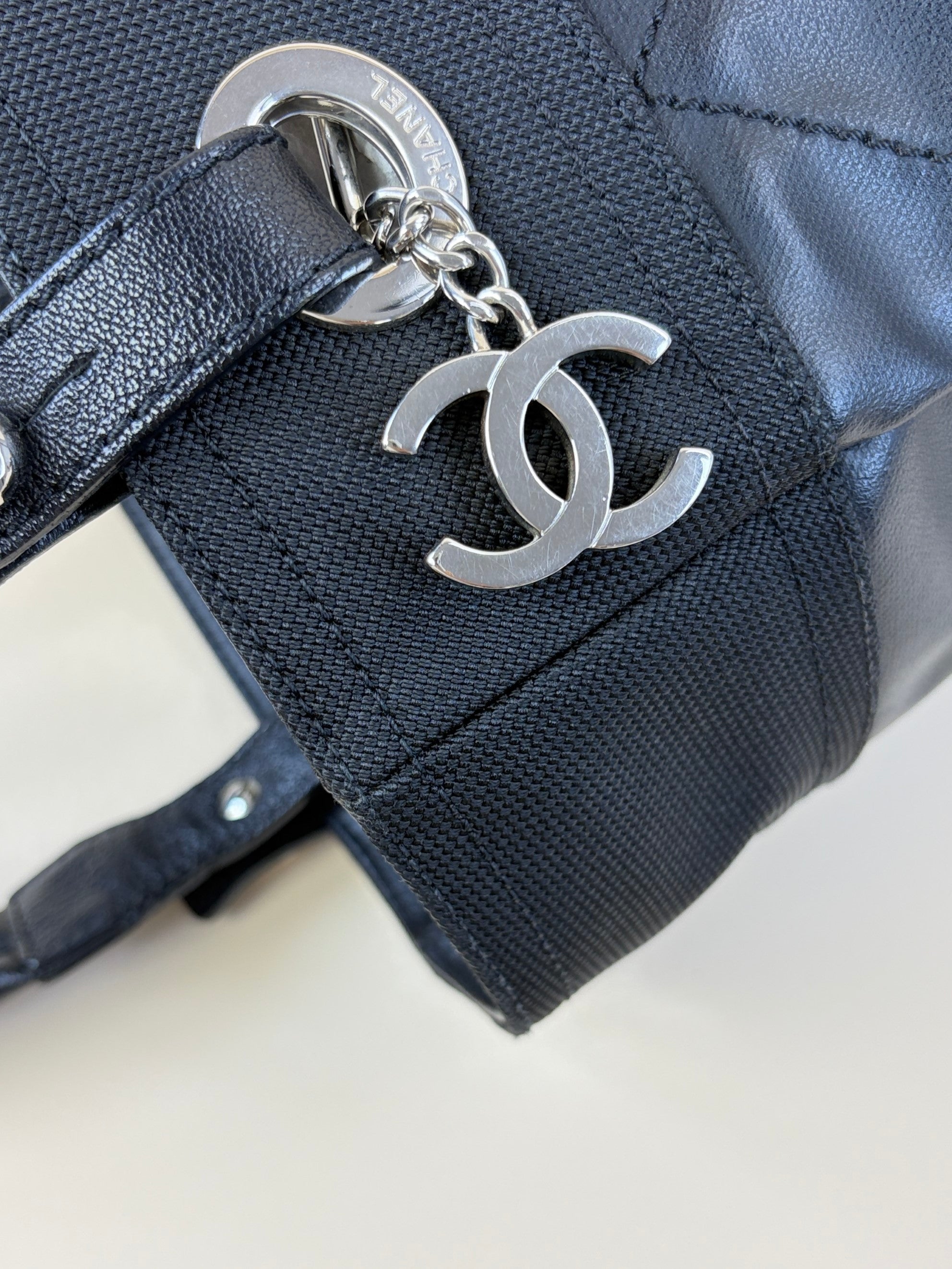 Chanel black coated canvas quilted small Paris Biarritz tote bag
