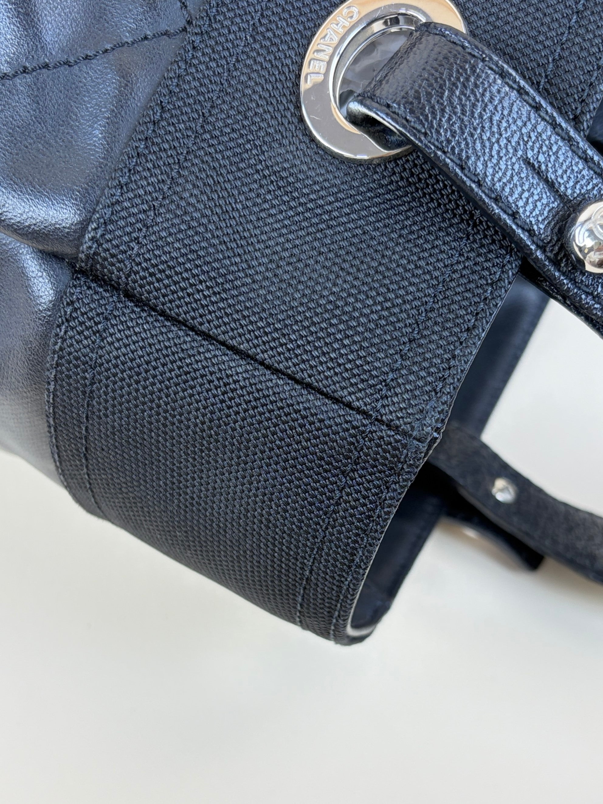 Chanel black coated canvas quilted small Paris Biarritz tote bag