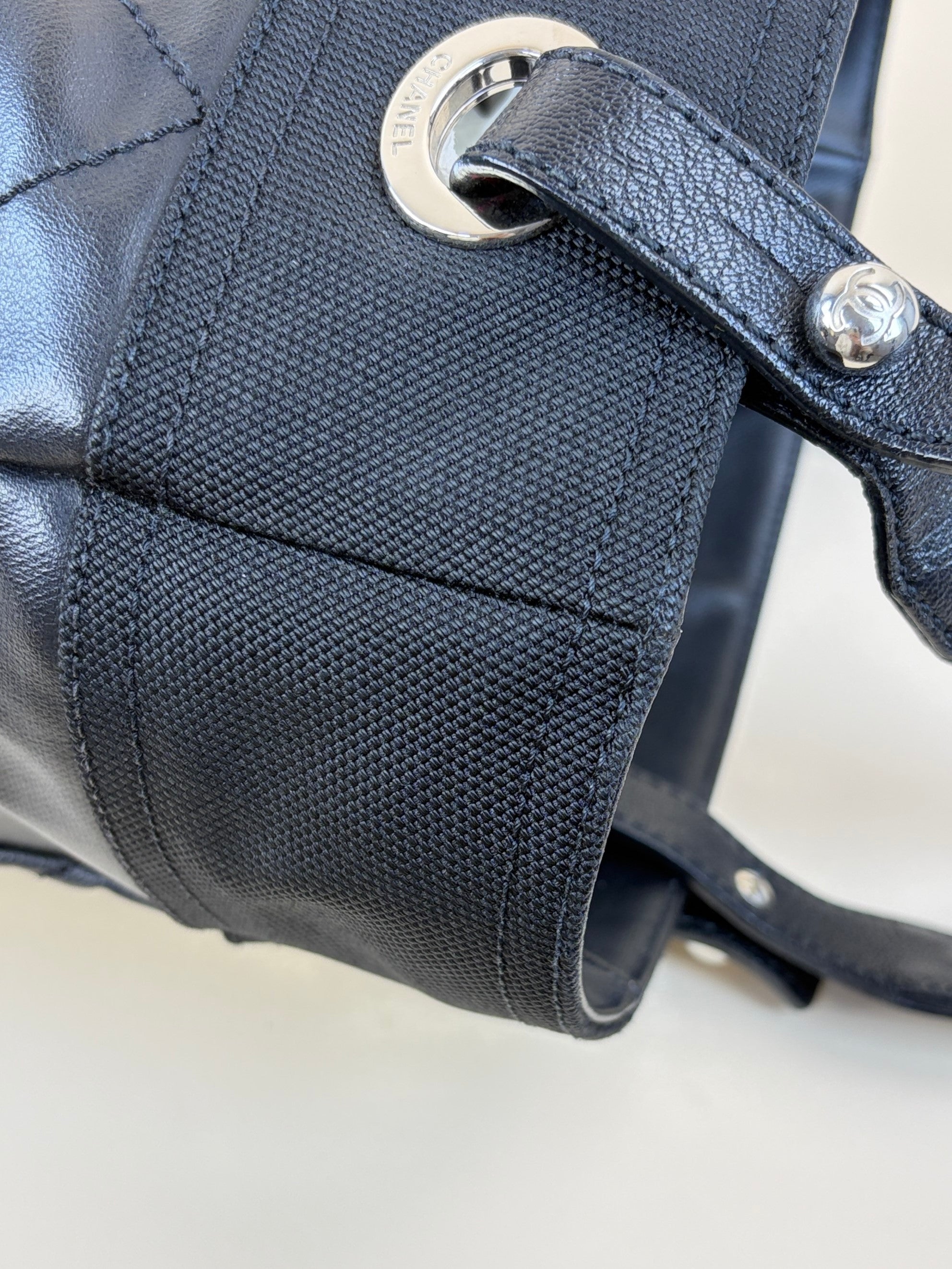 Chanel black coated canvas quilted small Paris Biarritz tote bag