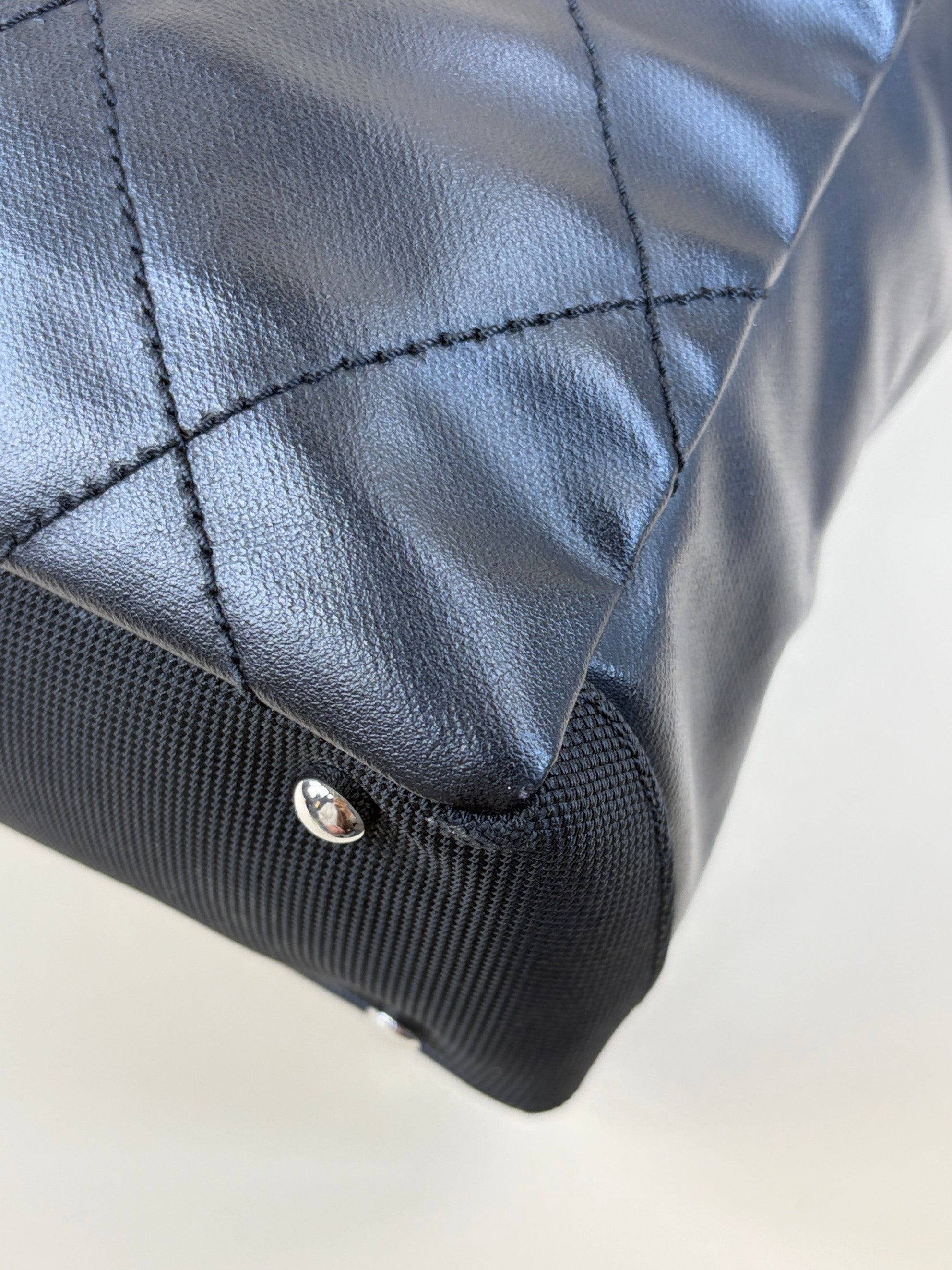 Chanel black coated canvas quilted small Paris Biarritz tote bag