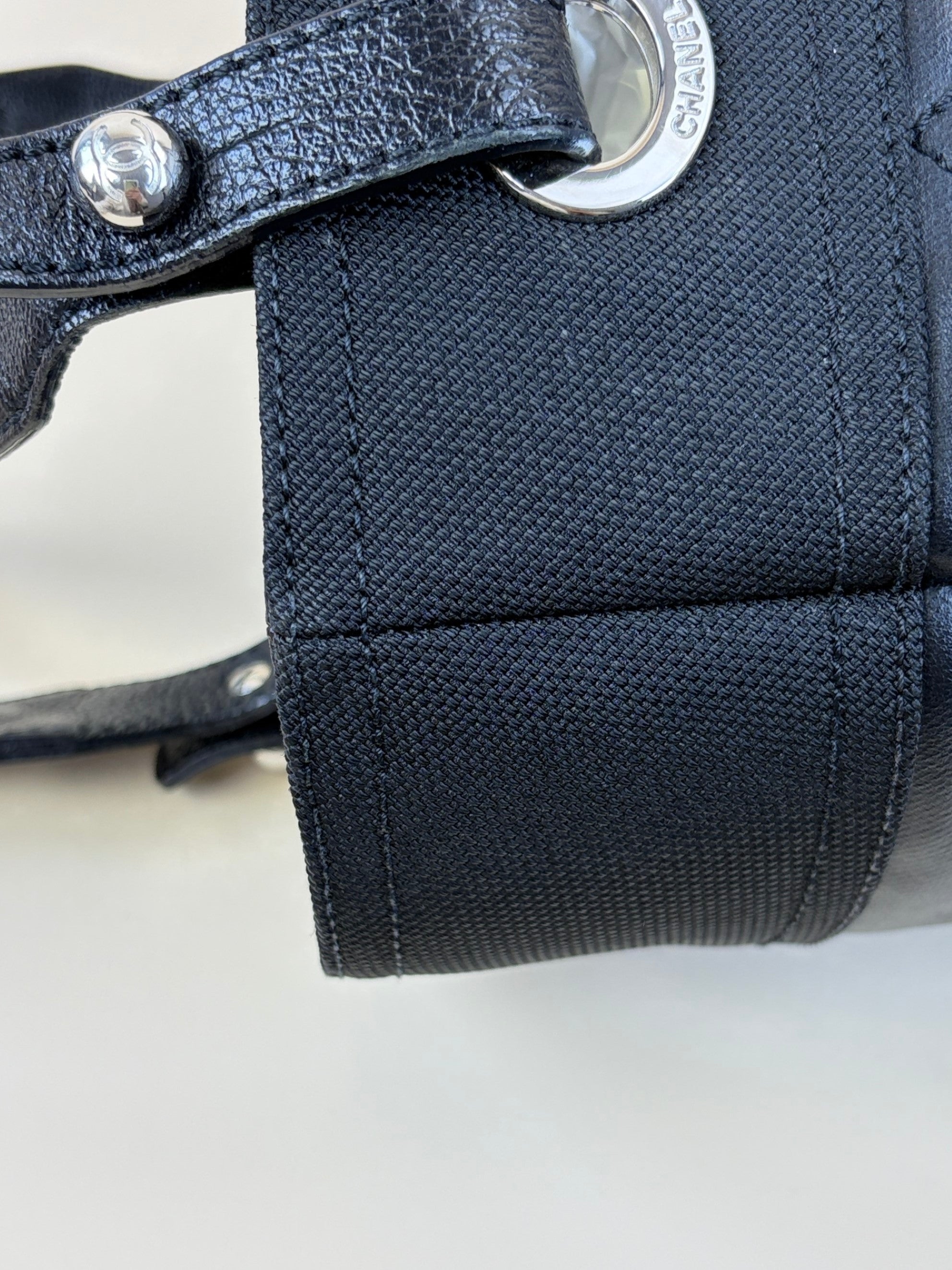 Chanel black coated canvas quilted small Paris Biarritz tote bag