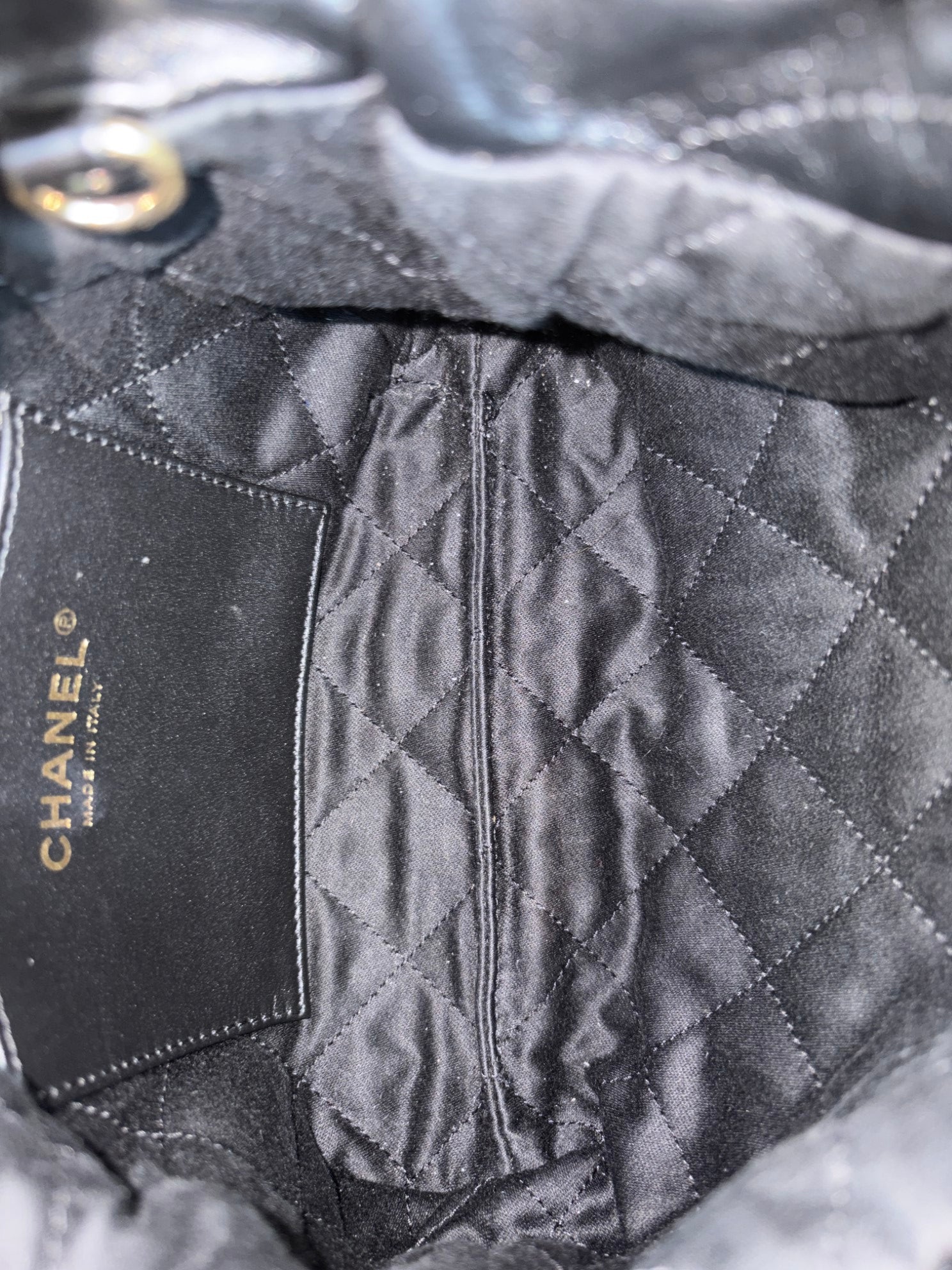 Chanel black shiny calfskin quilted pearl cc chain mini bag