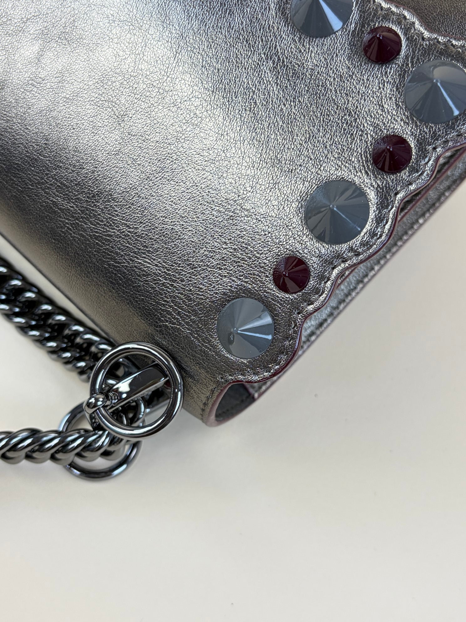 Fendi dark grey vitello catalan mirror scalloped multi studded small kanl