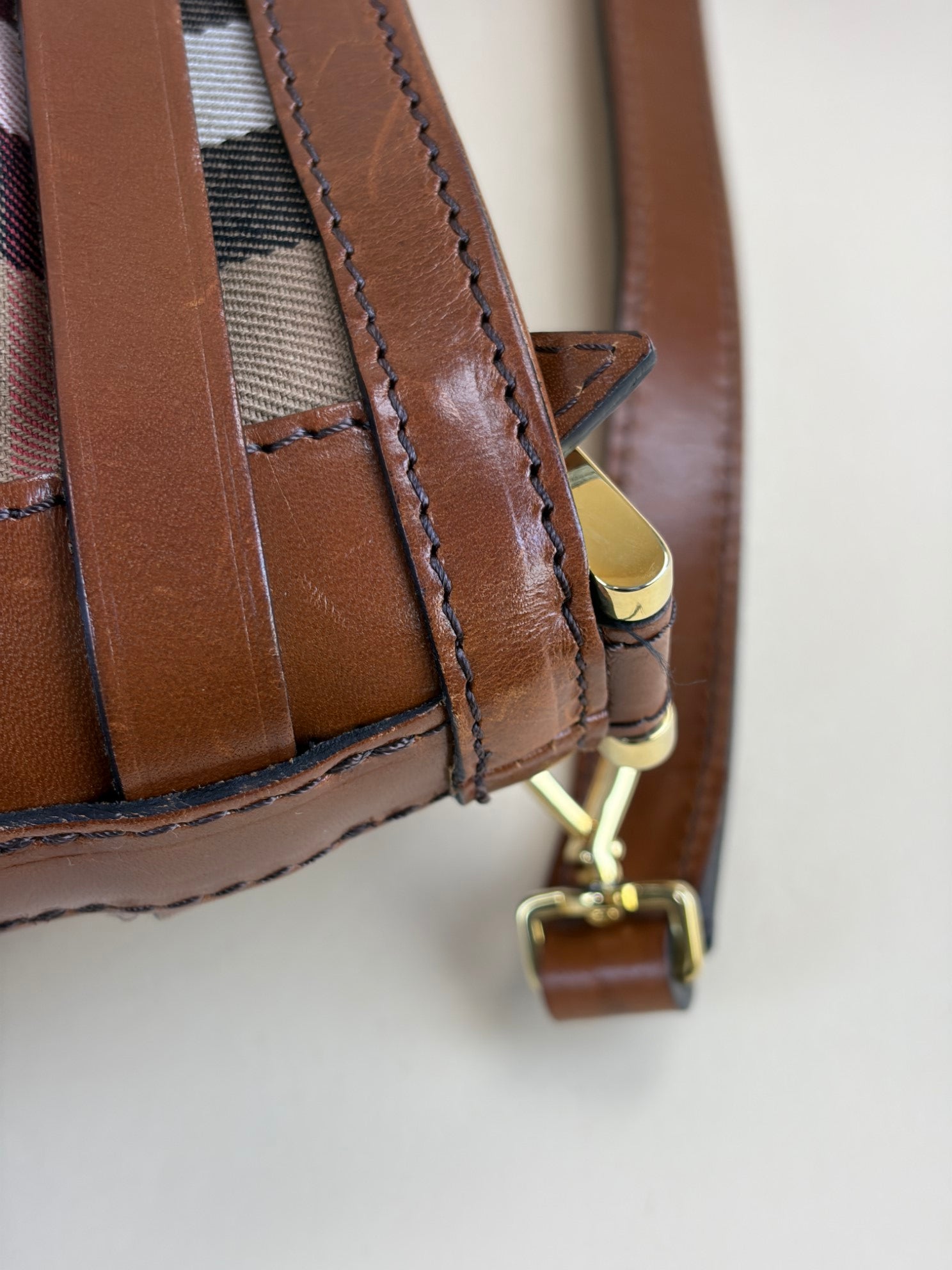 Burberry Camel Dutton Bridle House Check Small Shoulder Bag with Strap