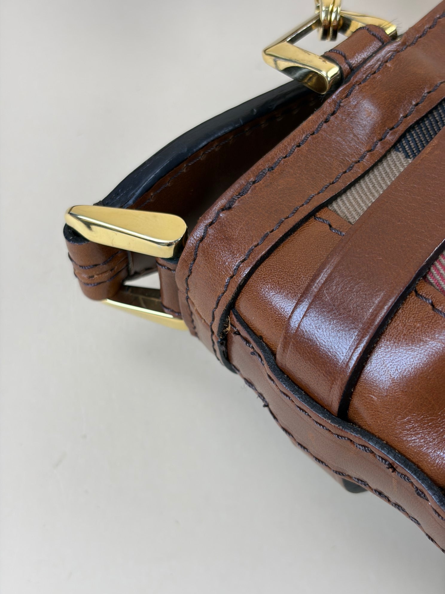 Burberry Camel Dutton Bridle House Check Small Shoulder Bag with Strap