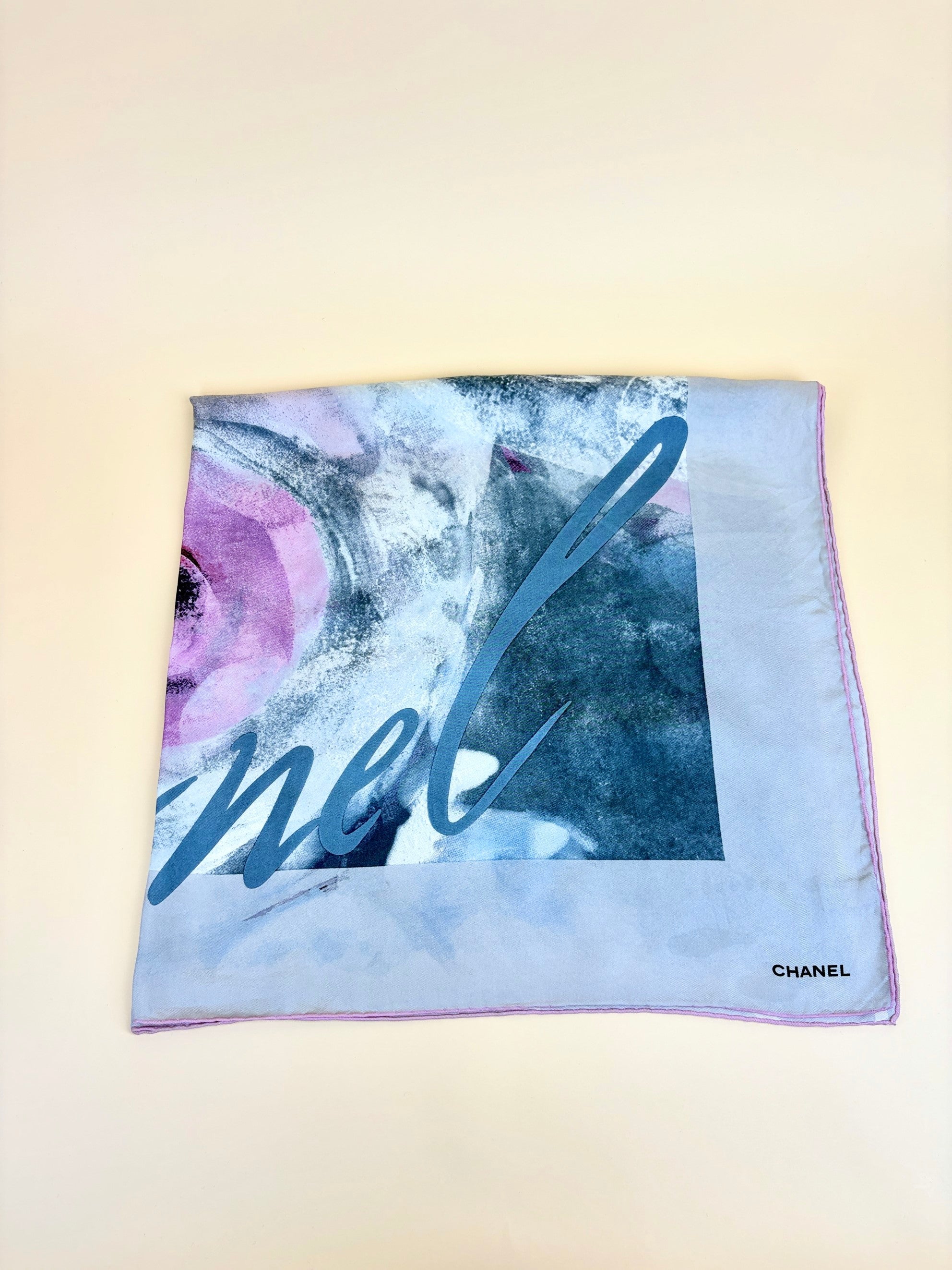 CHANEL pink/grey multicolor cc print silk square scarf
