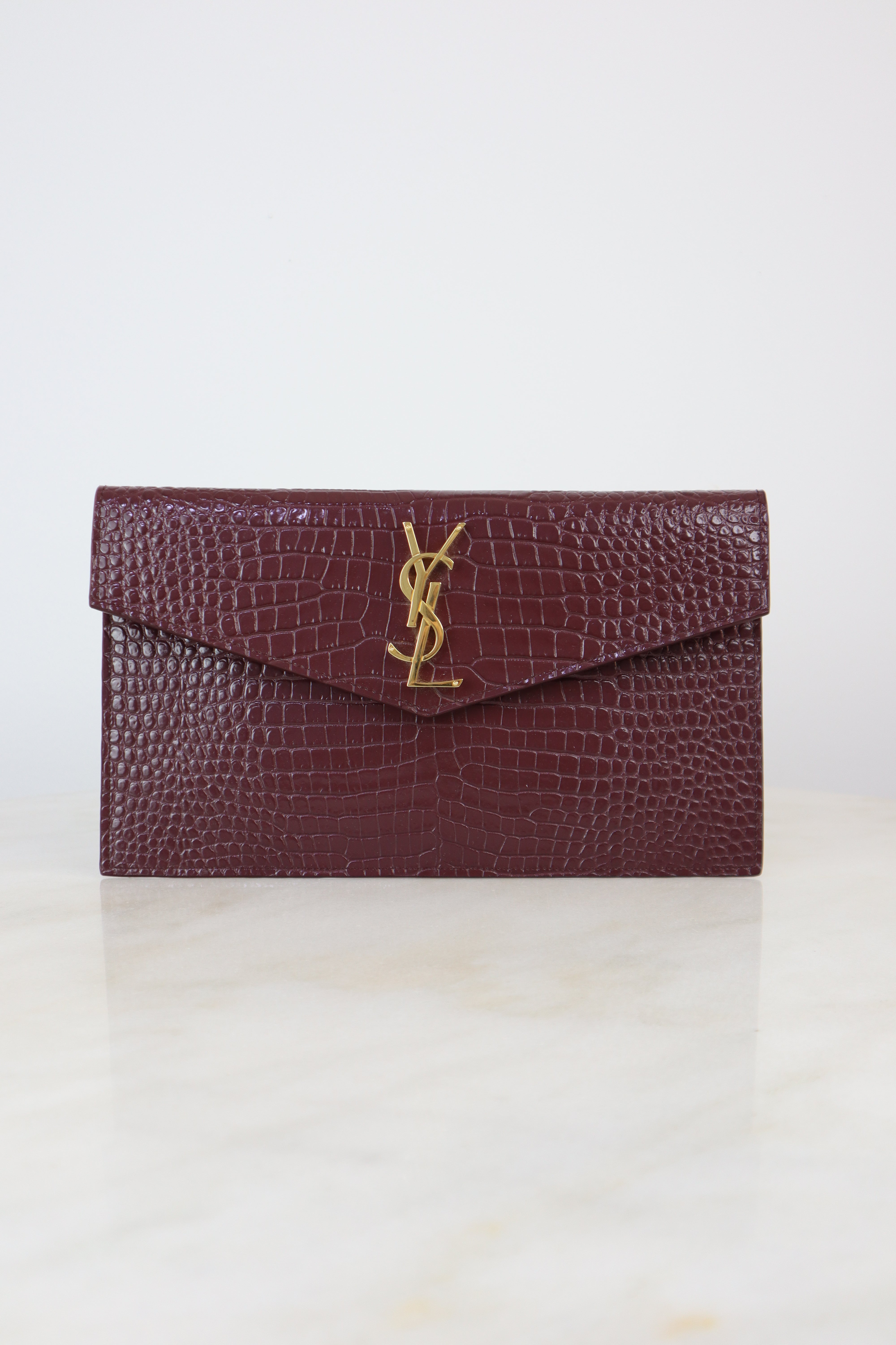 YSL Burgundy Croco Uptown Clutch