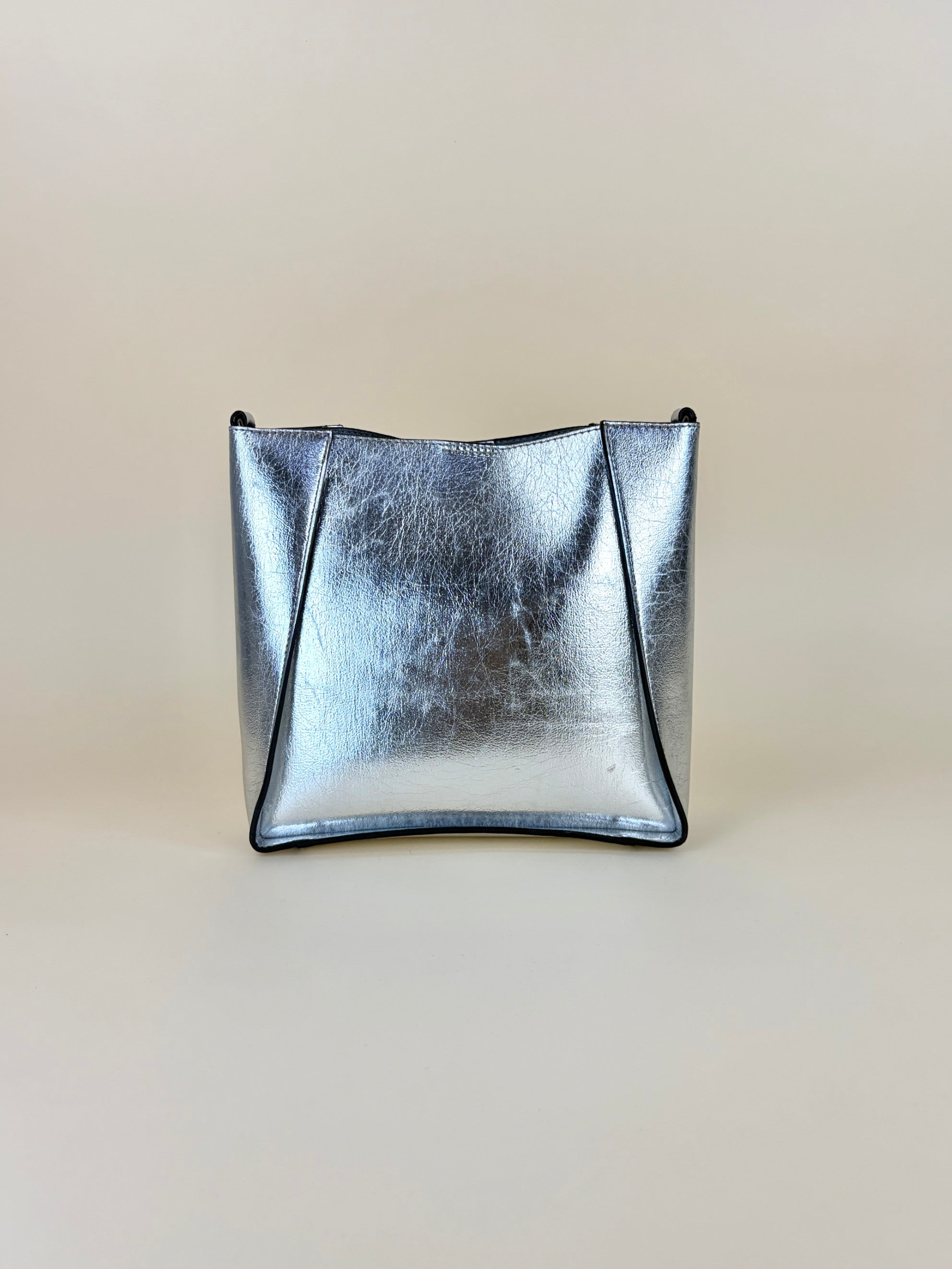 Stella McCartney silver metallic Nappa logo Square Crossbody Bag