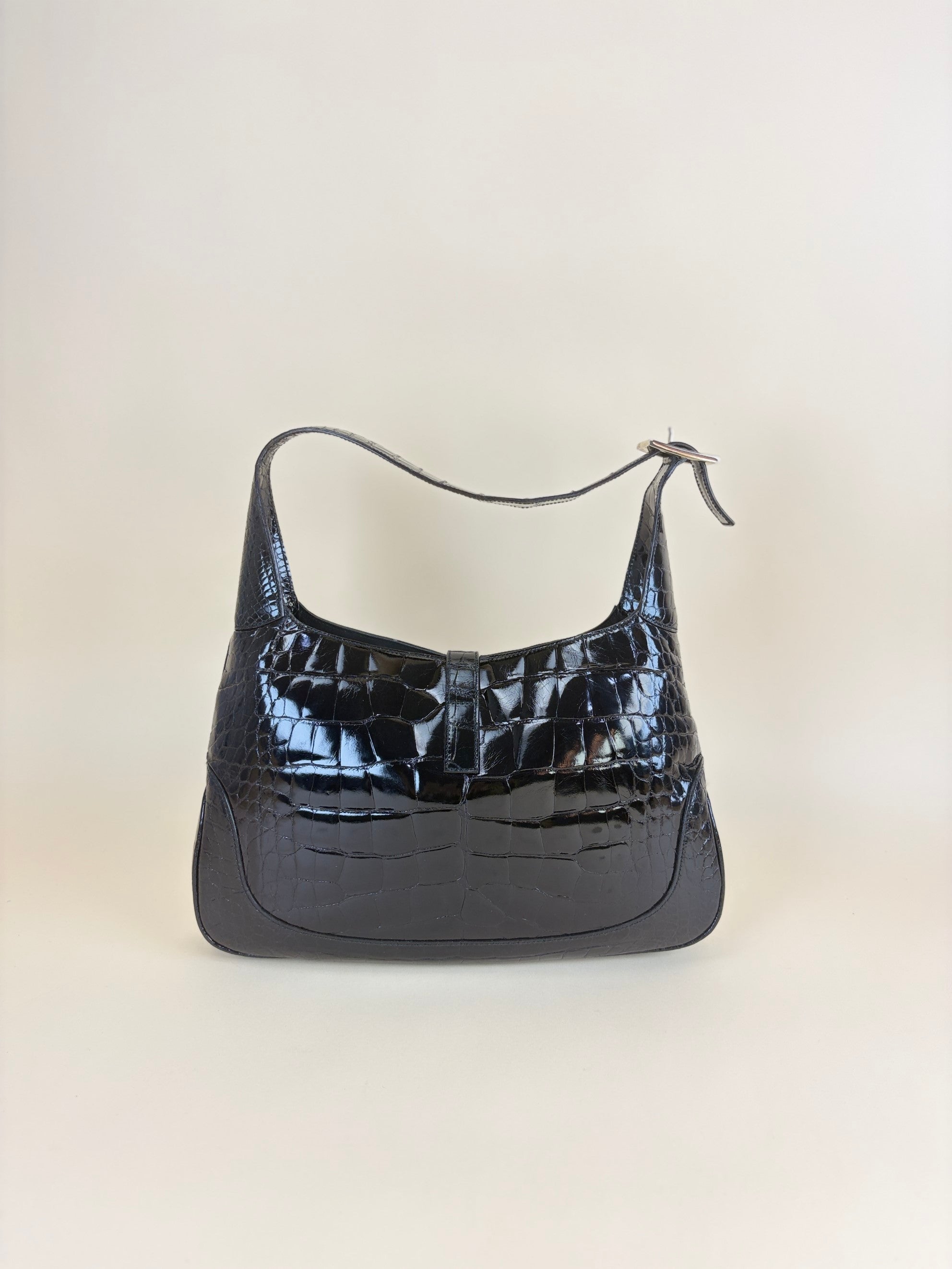 Gucci Jackie vintage with piston lock crocodile black vernis