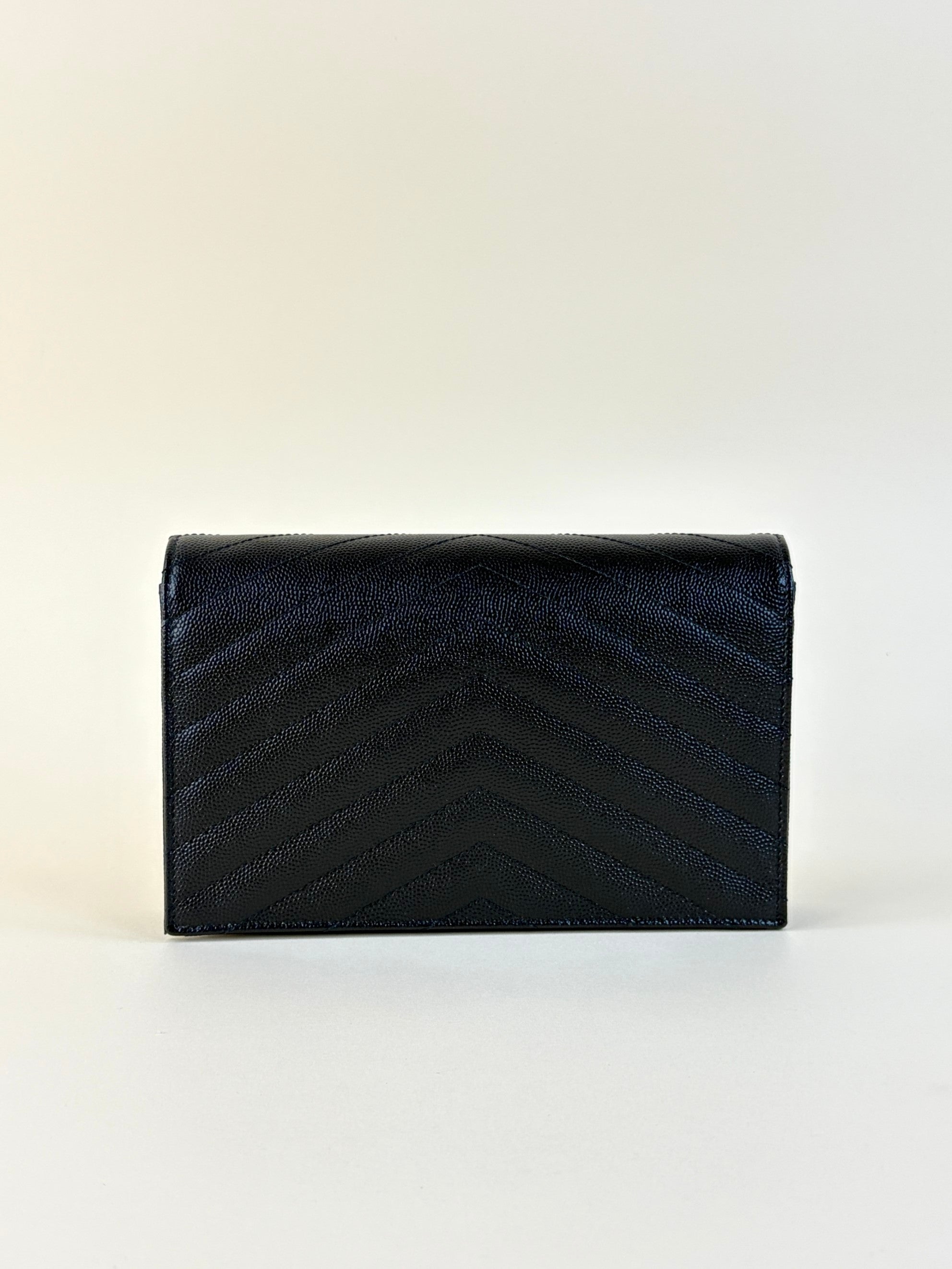 YSL Black Cassandre Envelope Wallet Chain
