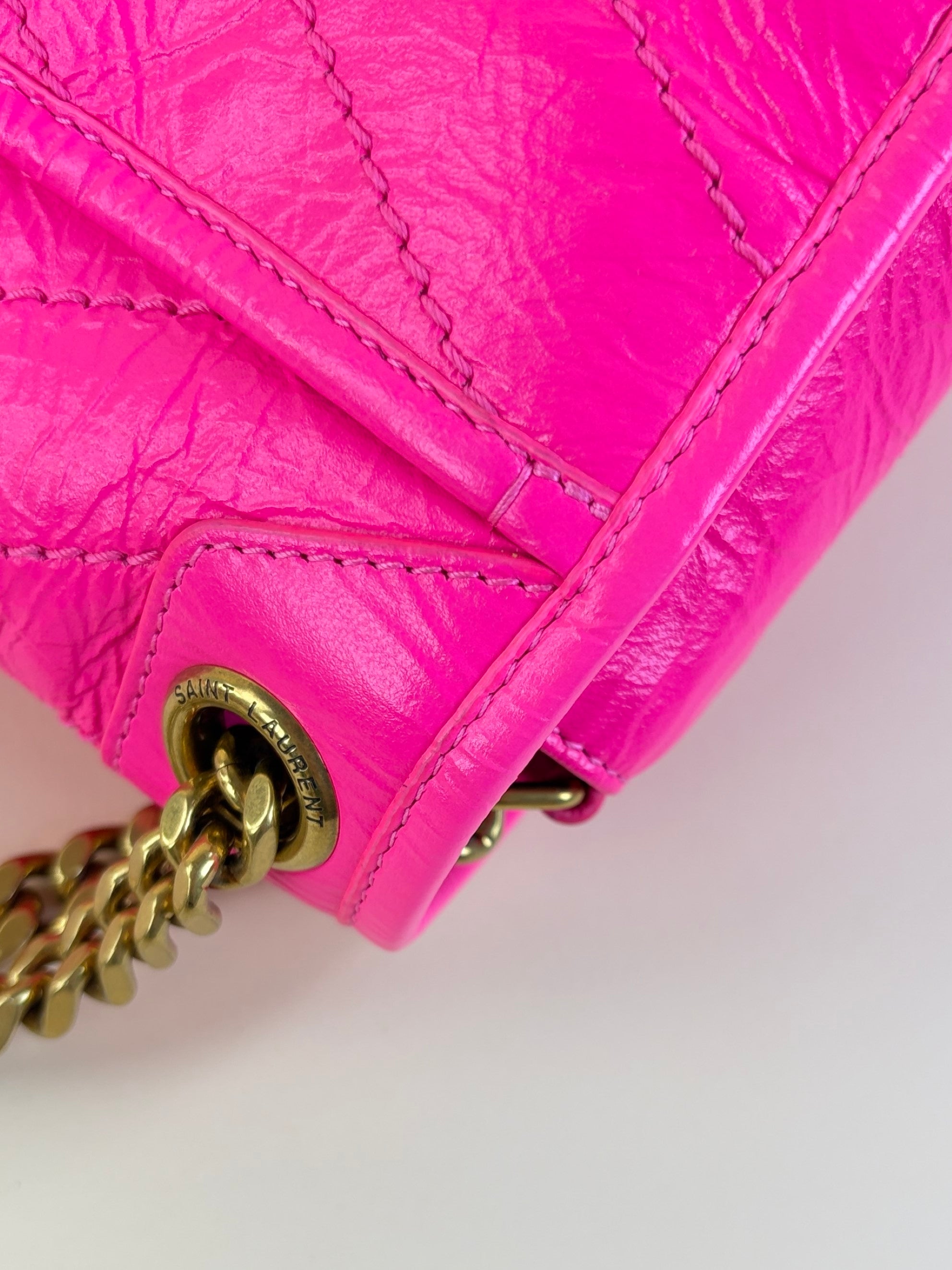 YSL Neon Pink Crinkle Niki Medium Shoulder Bag