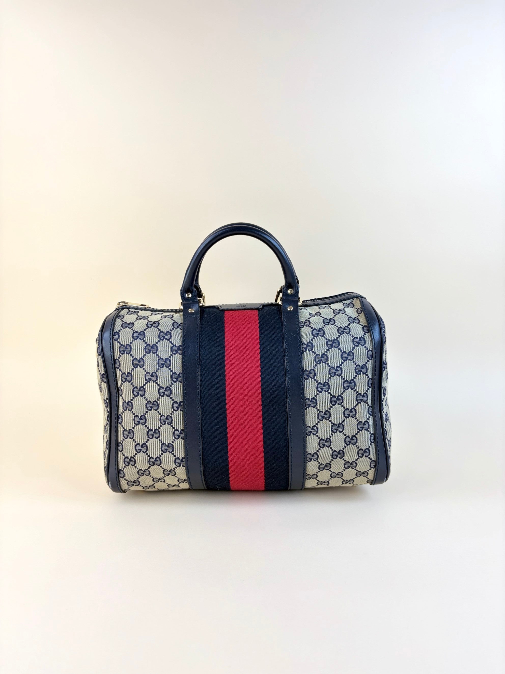 Gucci Blue GG Vintage Web Medium Boston Bag with Shoulder Strap