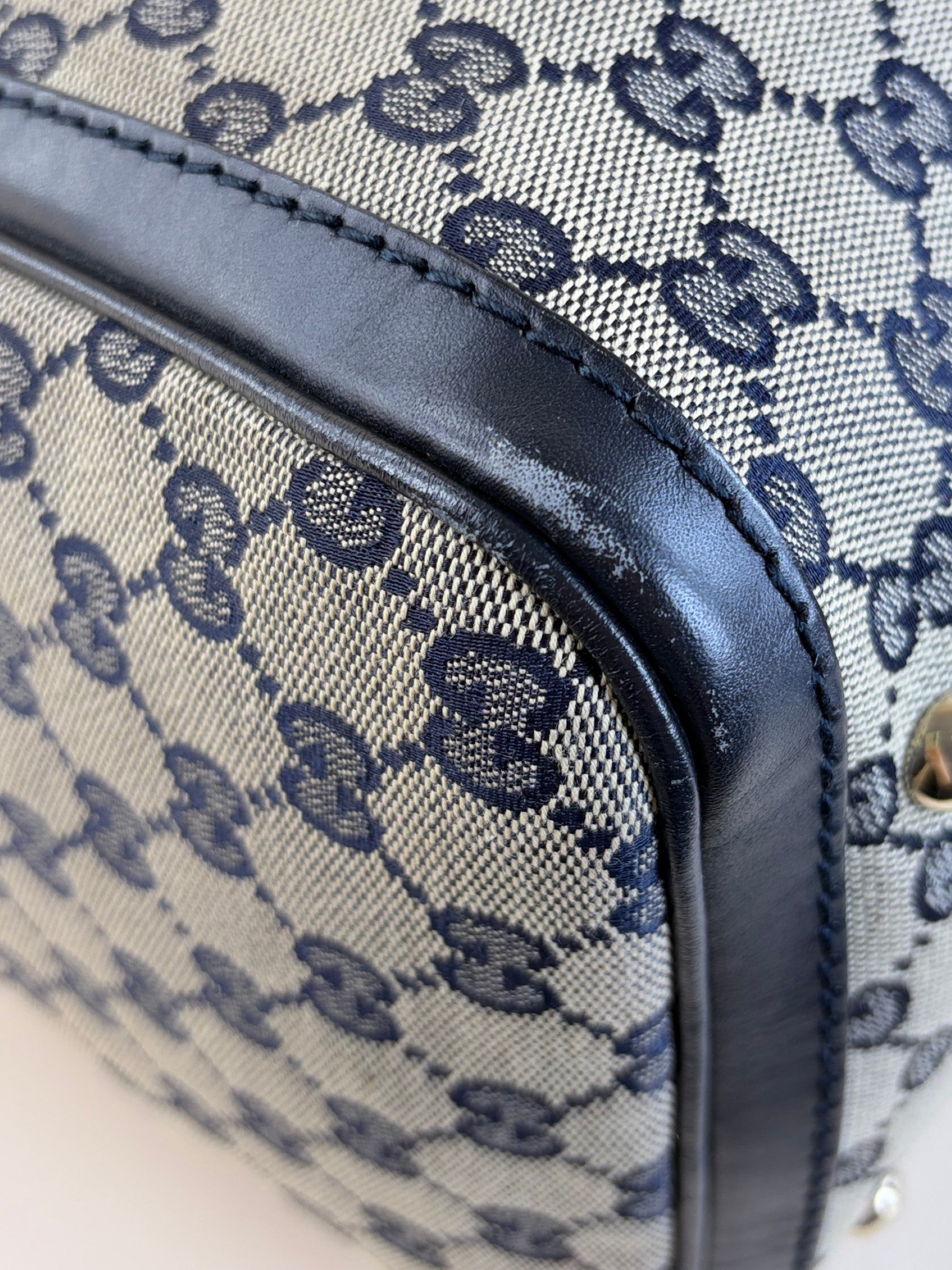 Gucci Blue GG Vintage Web Medium Boston Bag with Shoulder Strap