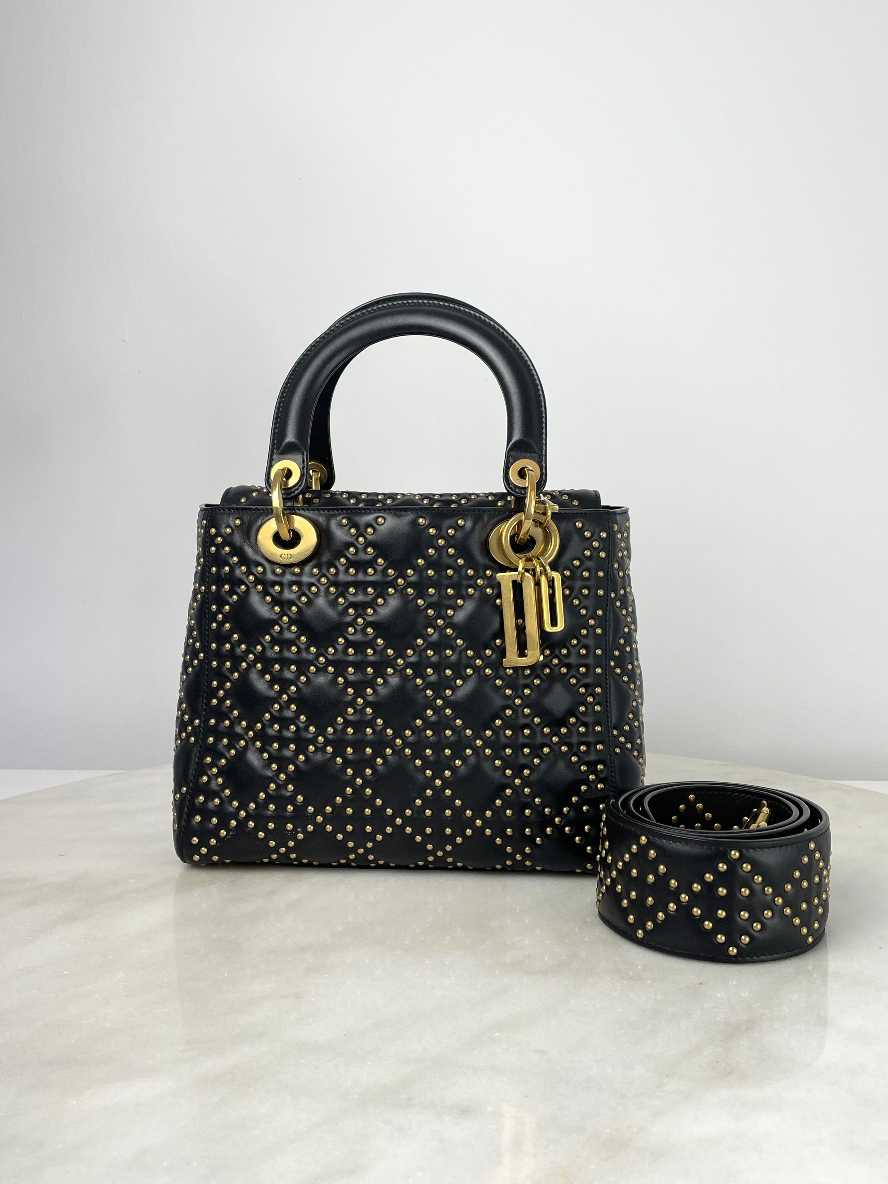 Christian Dior Black Supple Lady Dior Medium Studded Hand Bag W/ Strap