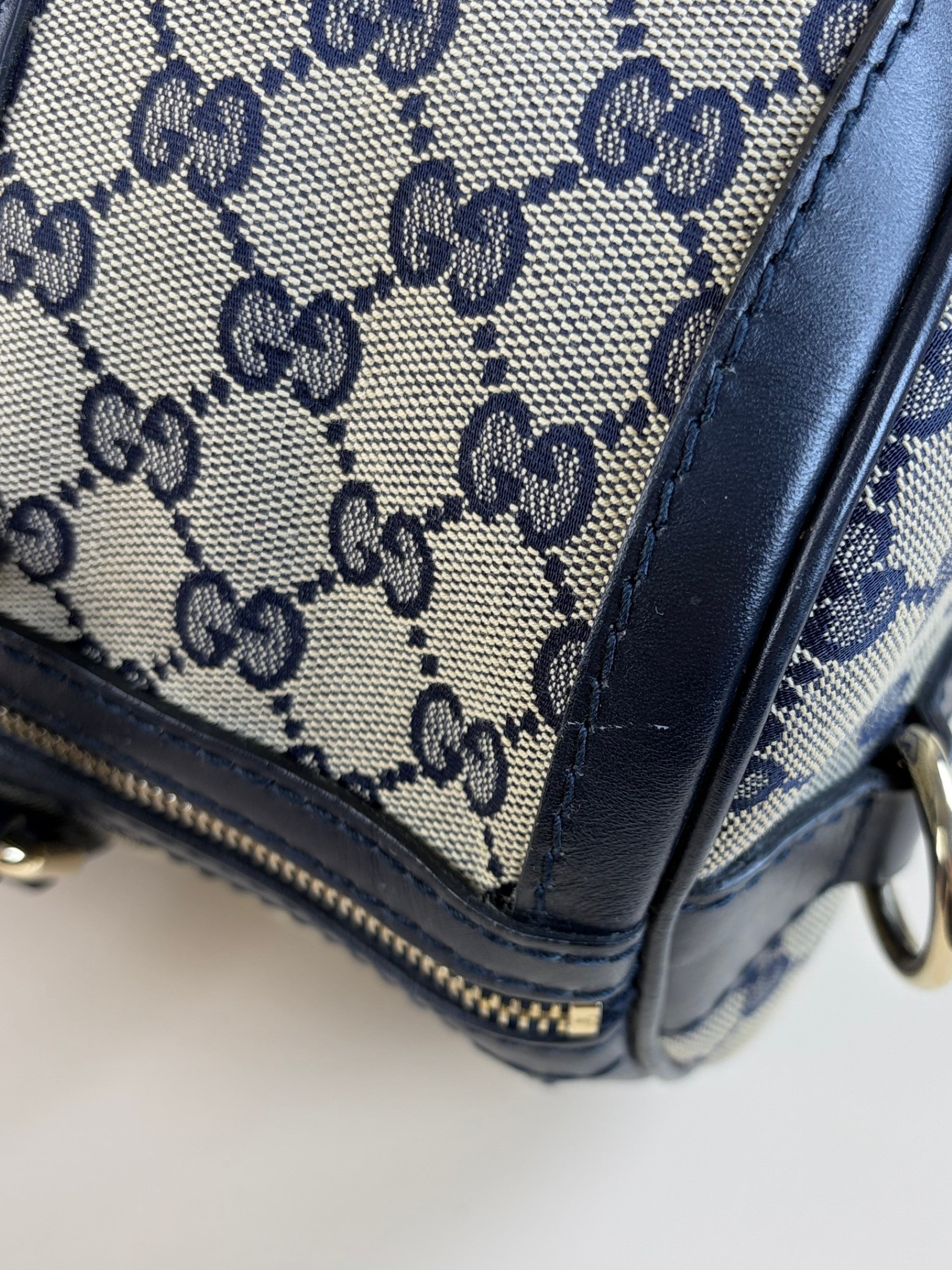 Gucci Blue GG Vintage Web Medium Boston Bag with Shoulder Strap