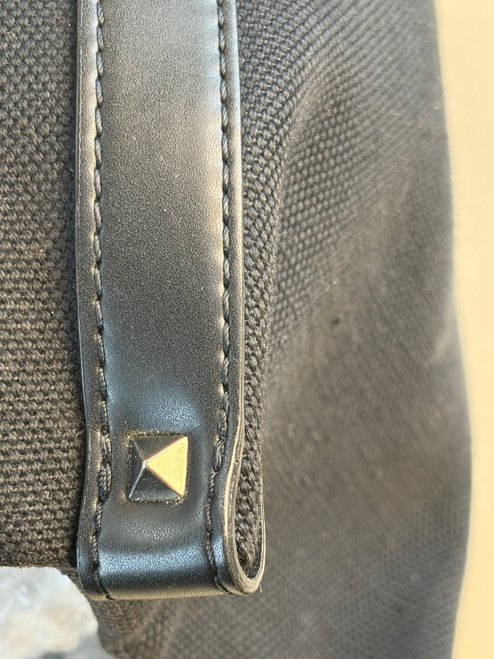 Valentino black canvas calfskin VL TN logo print small rock studs tote bag