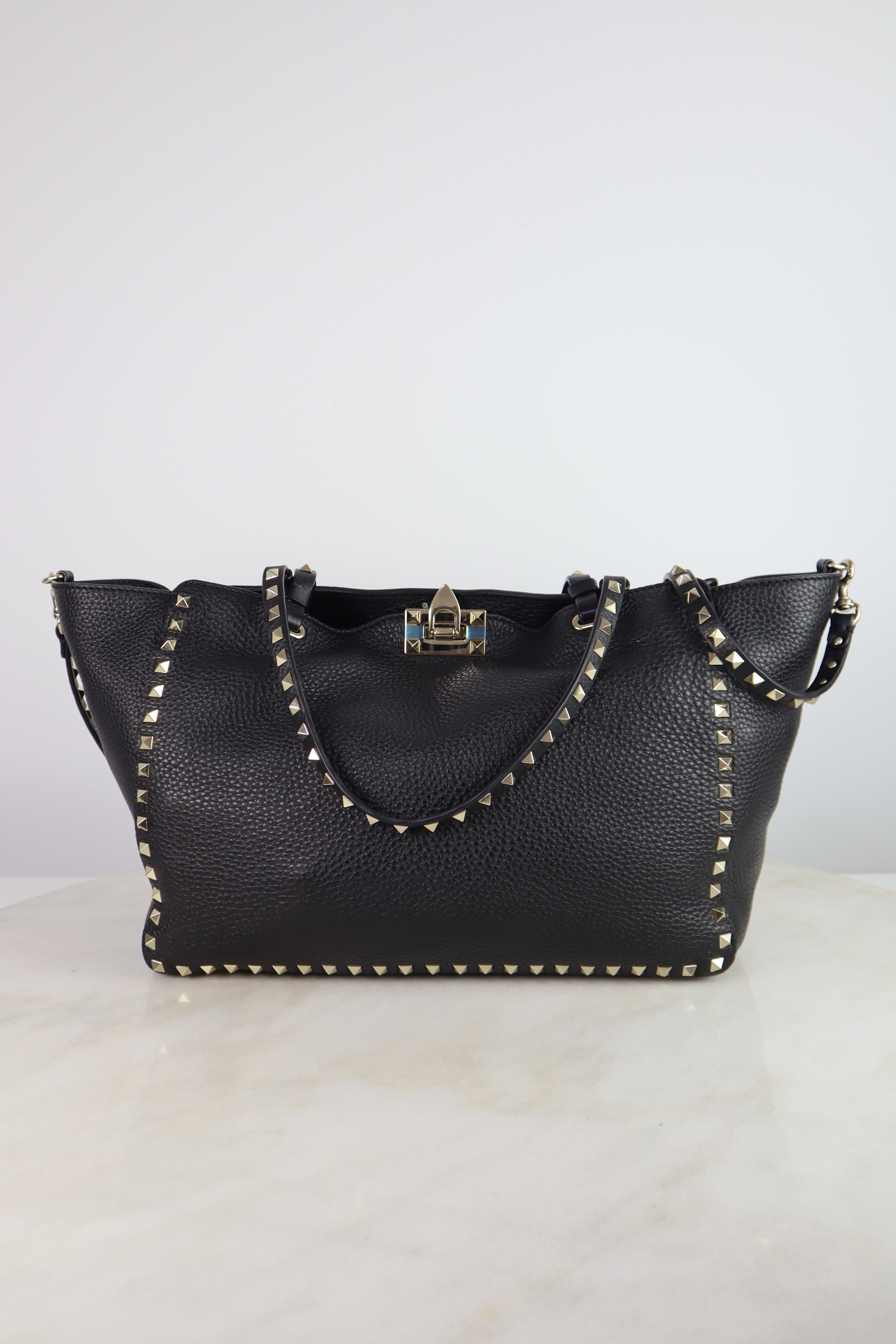 Valentino Black Medium Grainy Studded Shoulder Tote Bag
