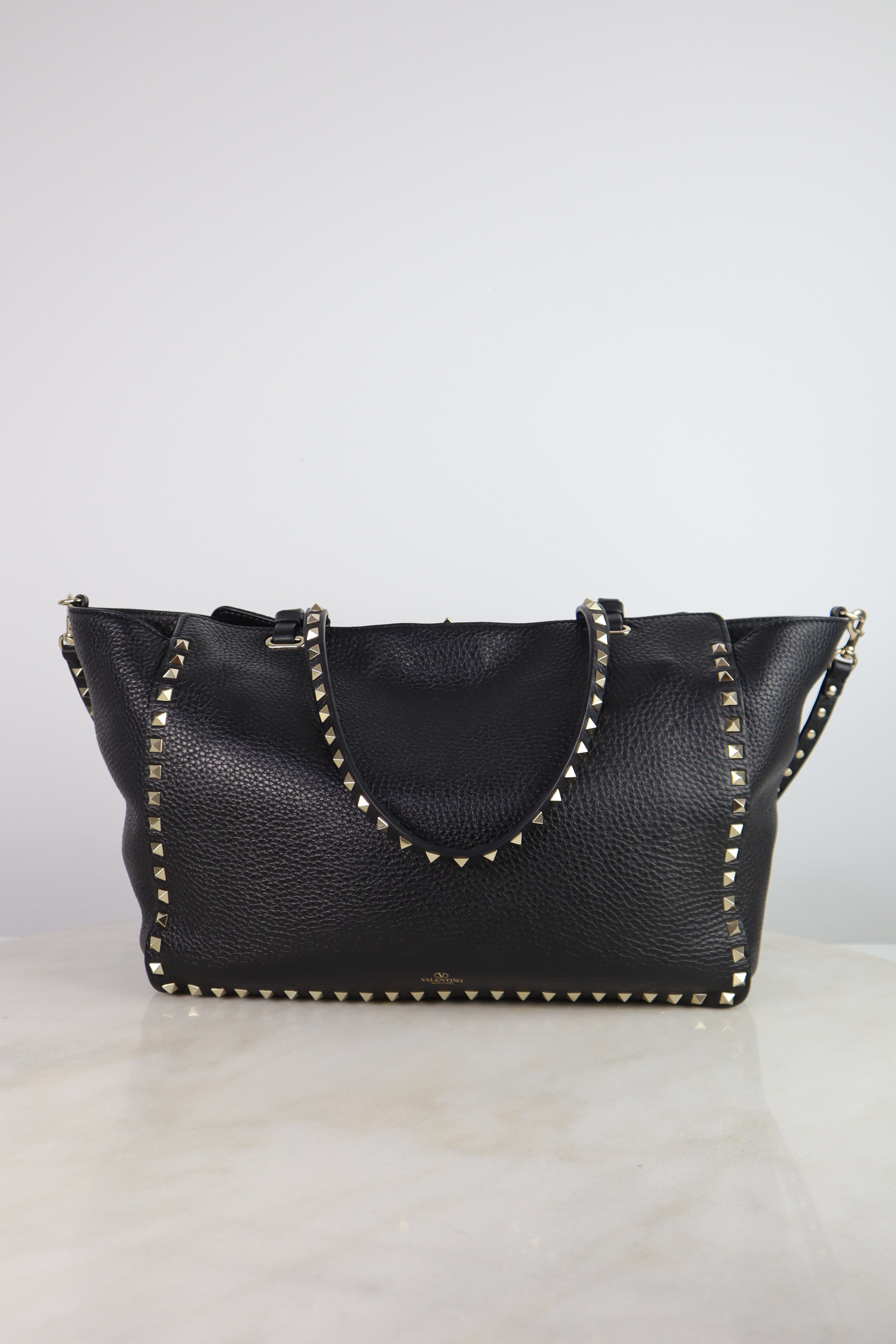 Valentino Black Medium Grainy Studded Shoulder Tote Bag