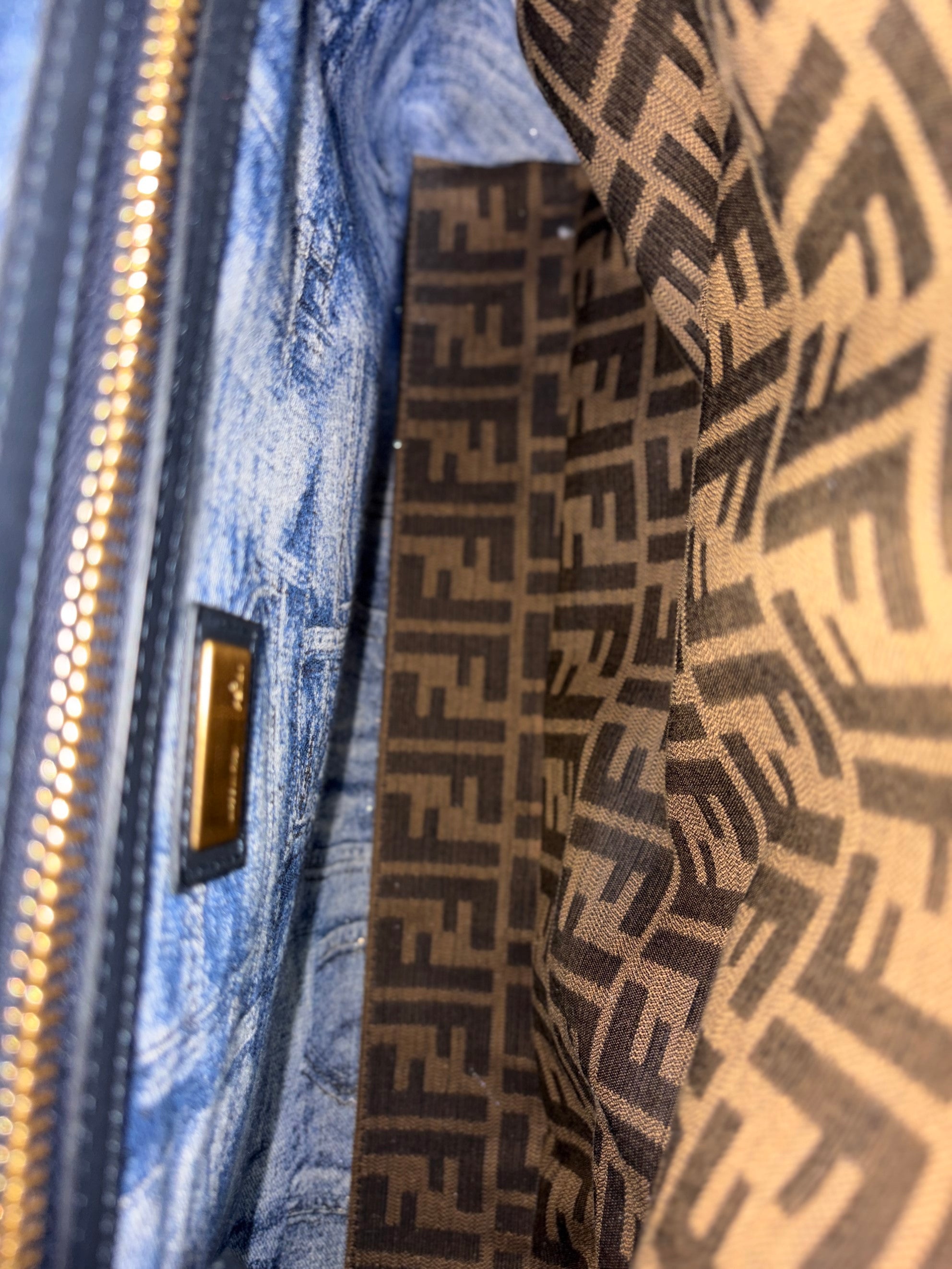 Fendi navy calfskin denim Zucca large Peekaboo leather
