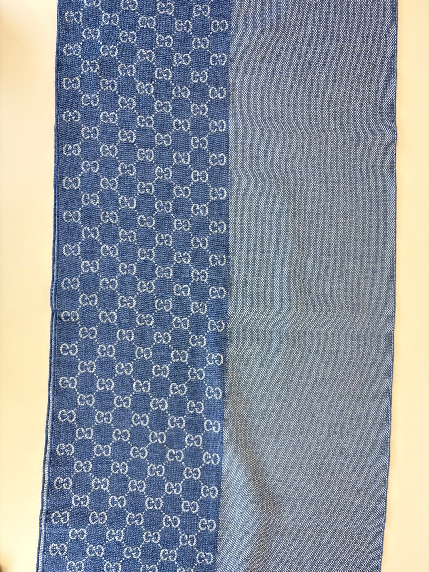 Gucci Blue Denim GG Monogram Half Fringe Wool Scarf