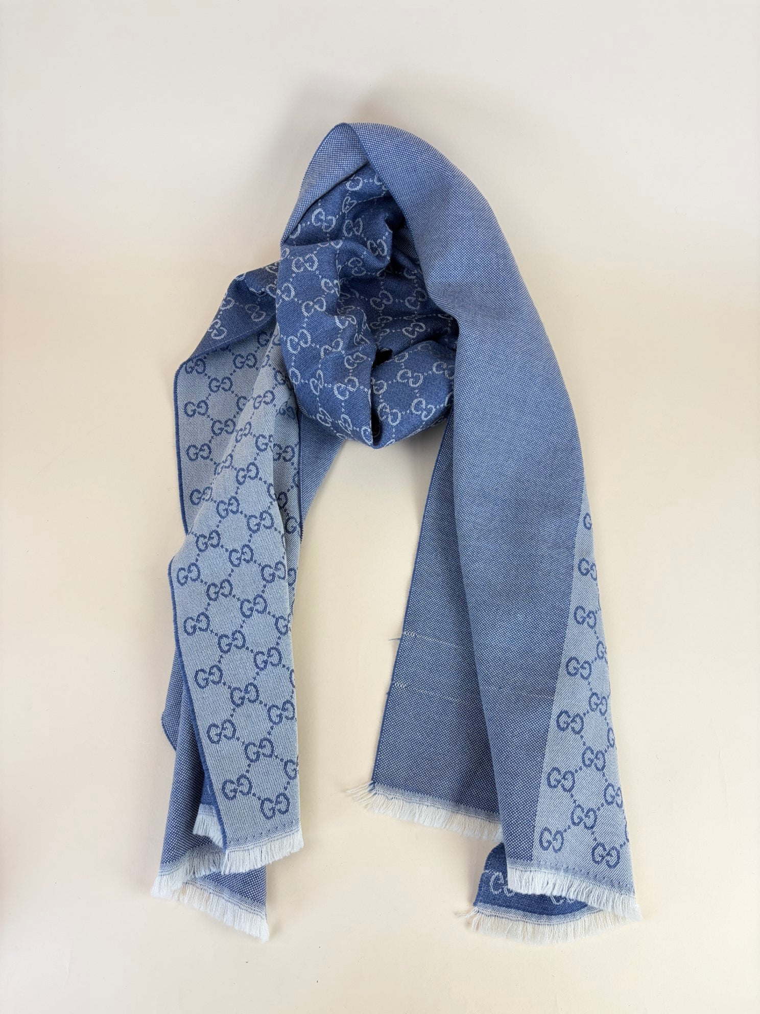 Gucci Blue Denim GG Monogram Half Fringe Wool Scarf