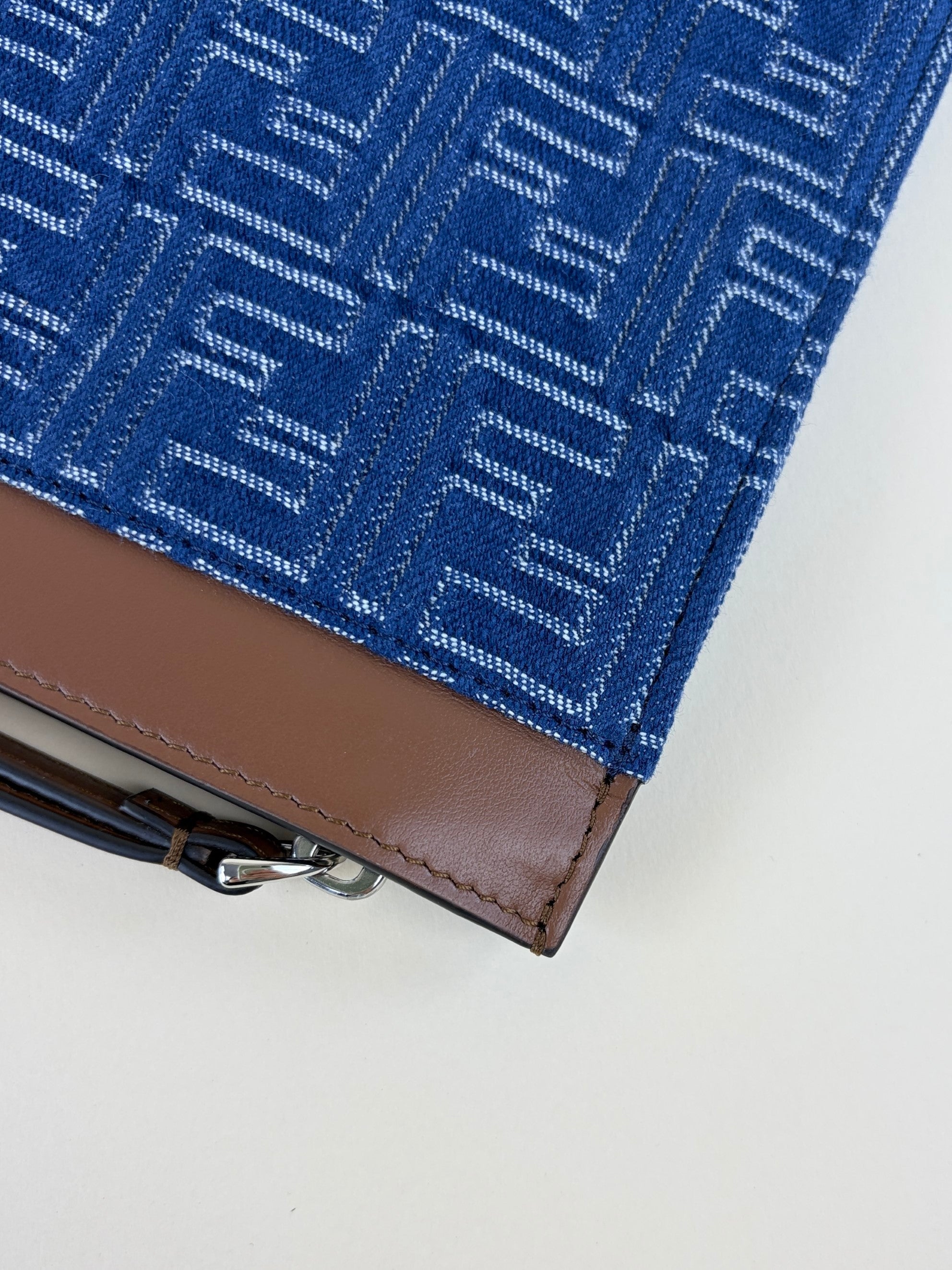 Fendi Blue Denim FF Jacquard Medium Flat Pouch