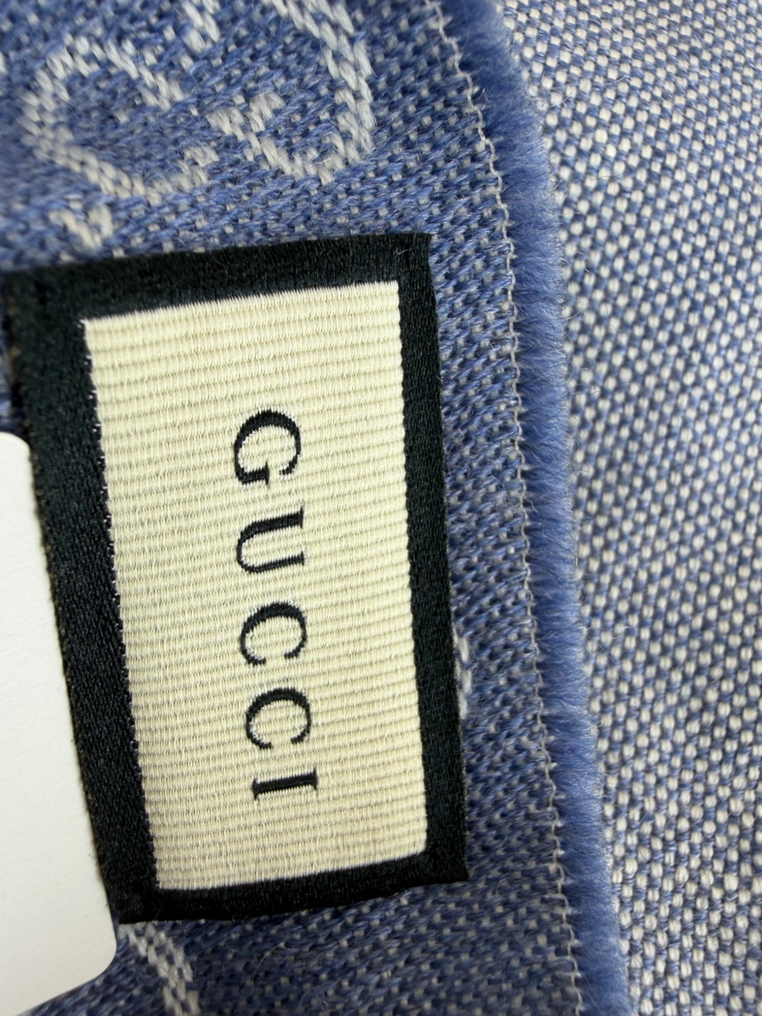 Gucci Blue Denim GG Monogram Half Fringe Wool Scarf
