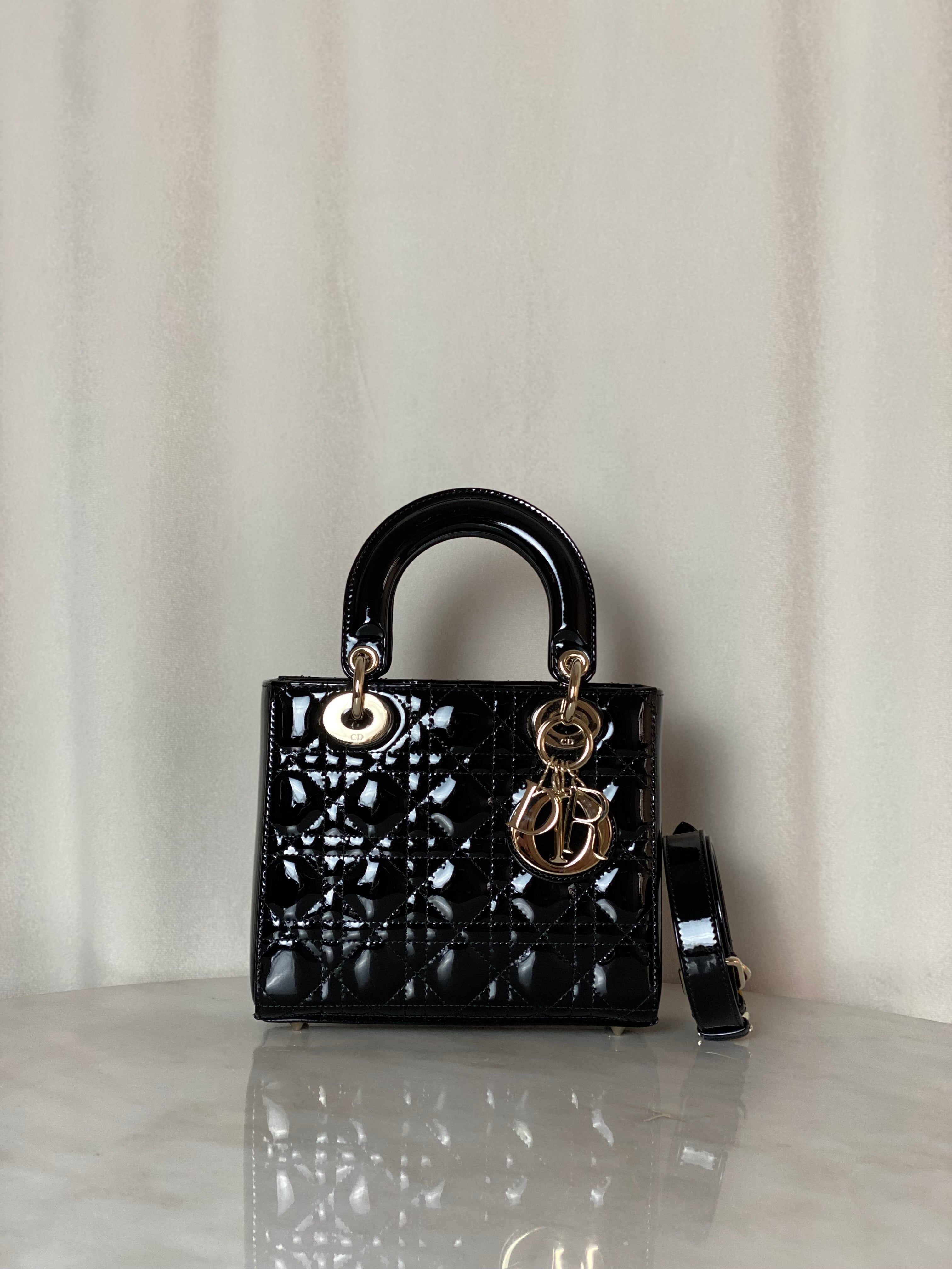 Christian Dior Black Vernie Lady Dior Small Tote Bag W/ Strap-handbag-Christian Dior-The Closet Egypt