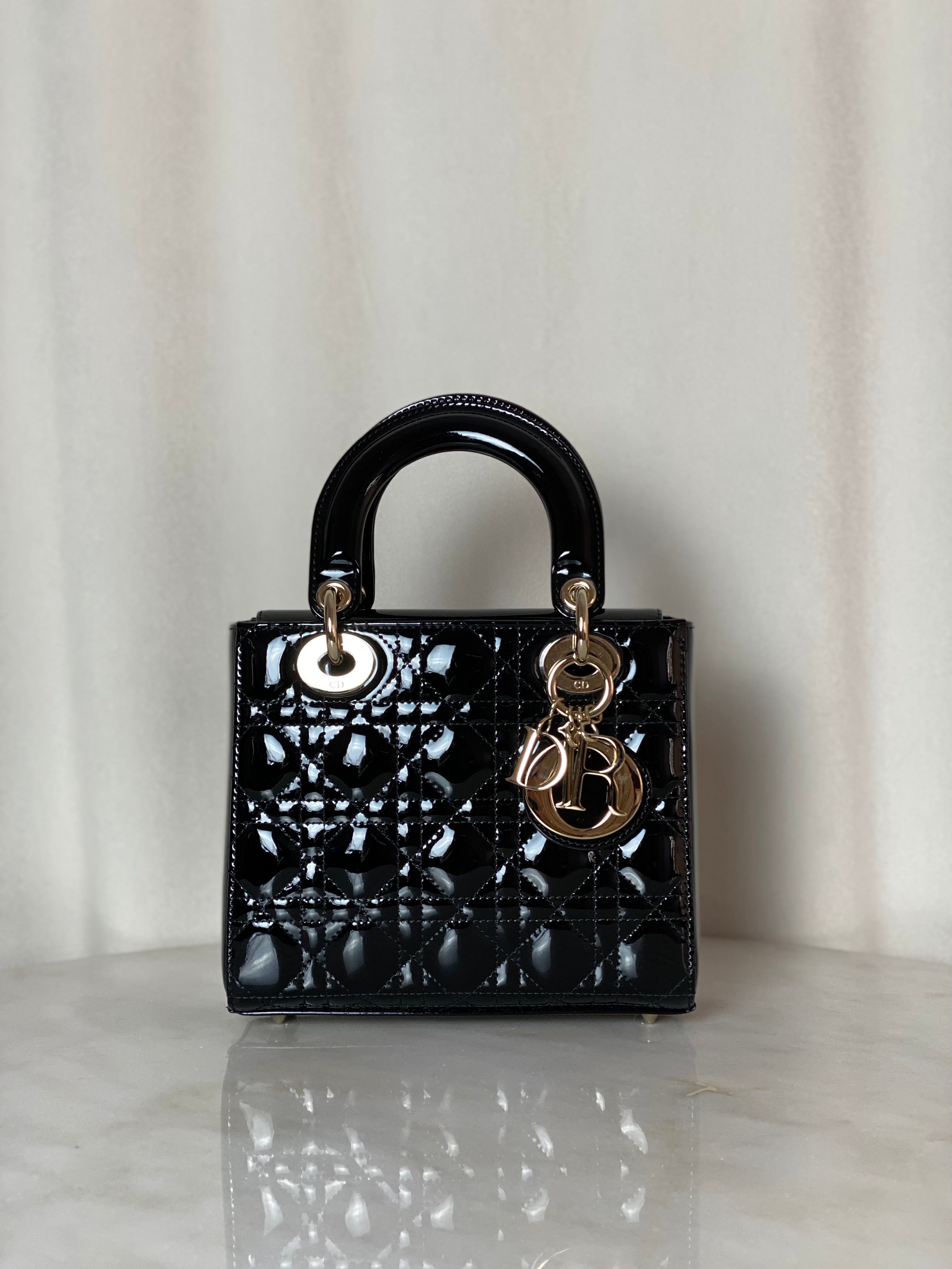 Christian Dior Black Vernie Lady Dior Small Tote Bag W/ Strap-handbag-Christian Dior-The Closet Egypt