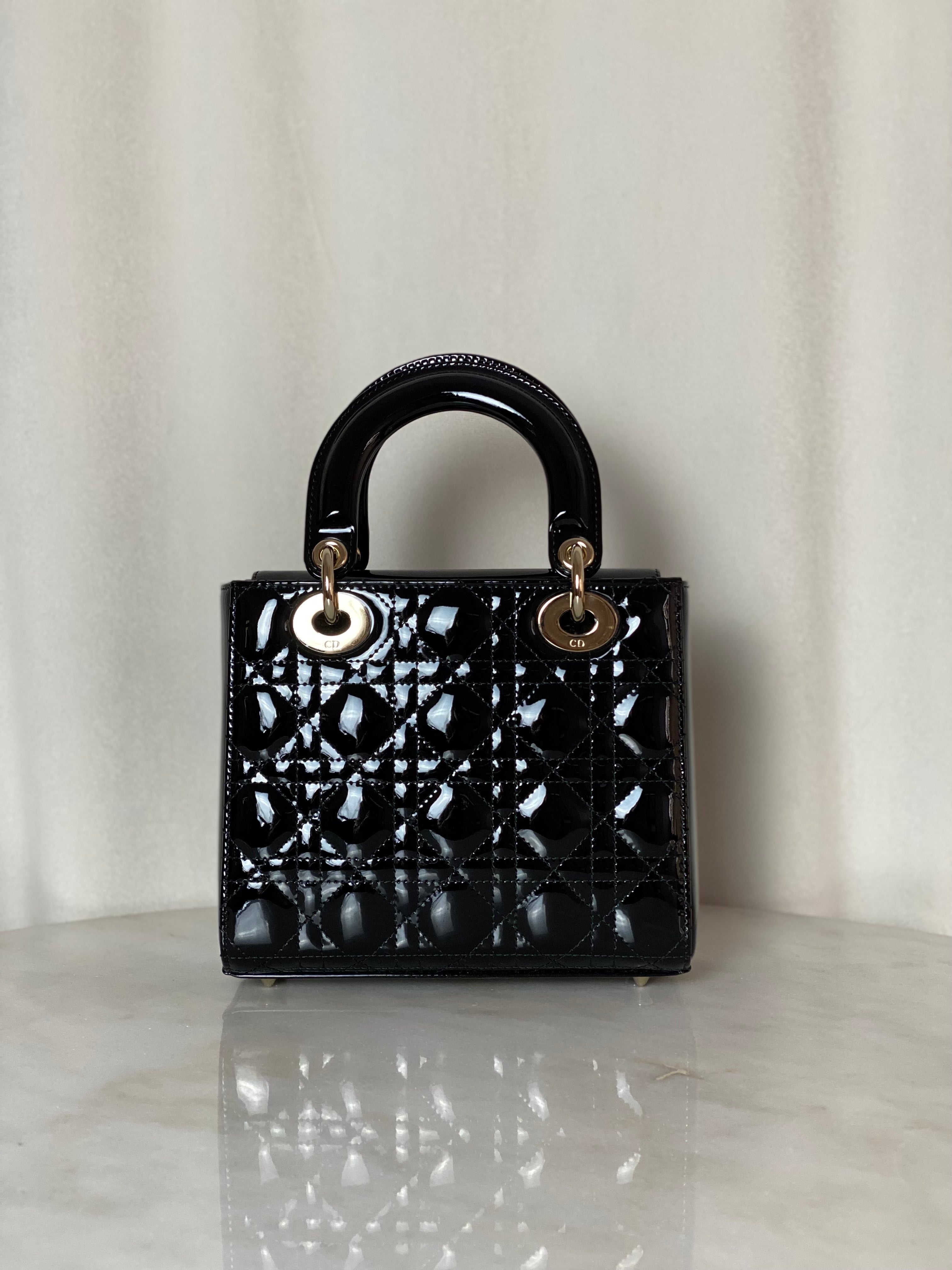 Christian Dior Black Vernie Lady Dior Small Tote Bag W/ Strap-handbag-Christian Dior-The Closet Egypt