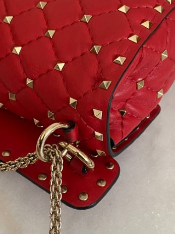 Valentino Red Spike Medium Studded Top Handle Bag W/ Silver Chain-handbag-Valentino-The Closet Egypt