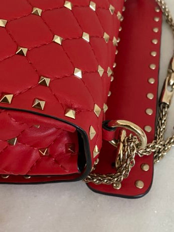 Valentino Red Spike Medium Studded Top Handle Bag W/ Silver Chain-handbag-Valentino-The Closet Egypt