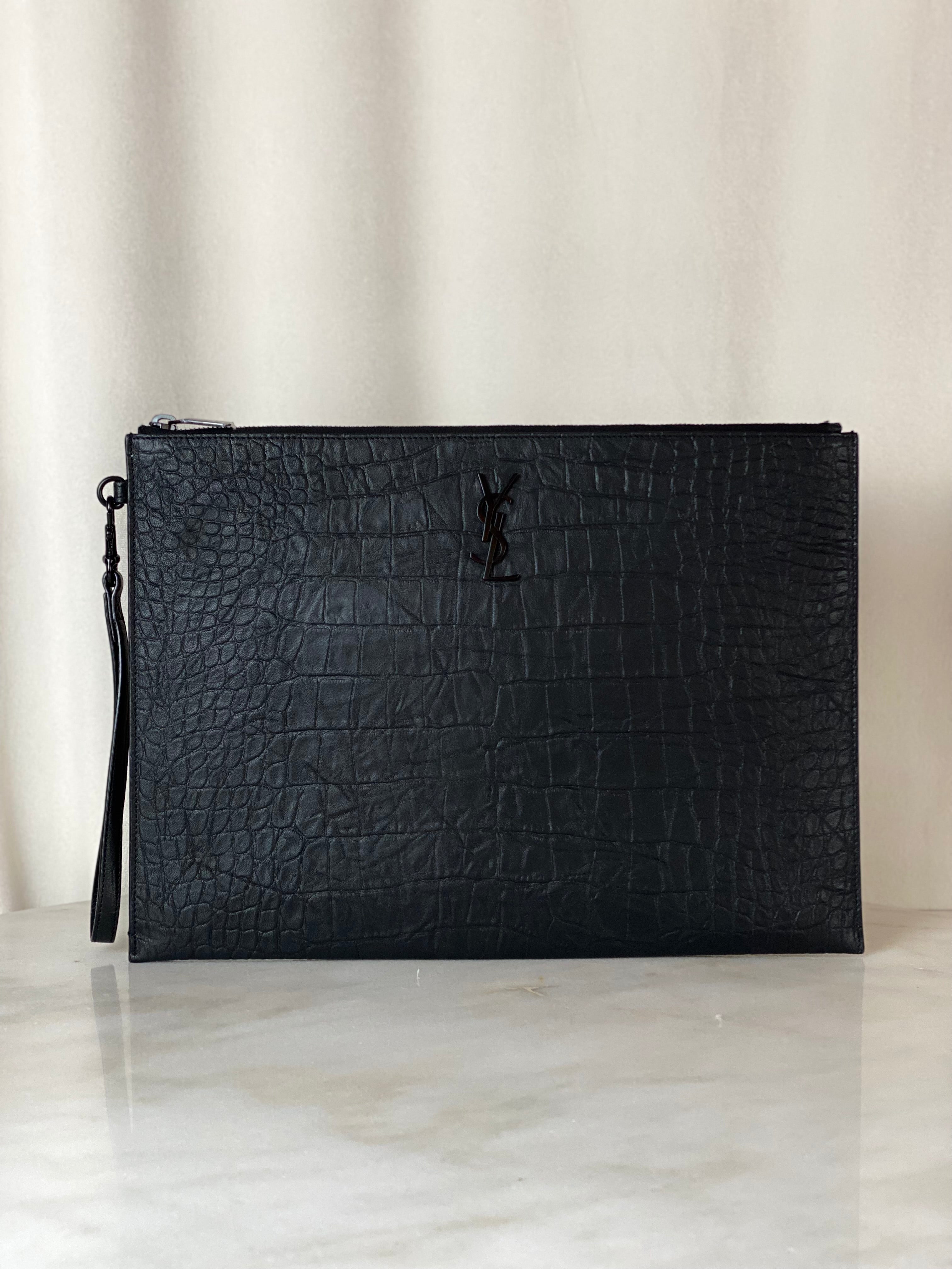 YSL Black Croco Embossed Cassandre Zip Pouch Tablet Holder