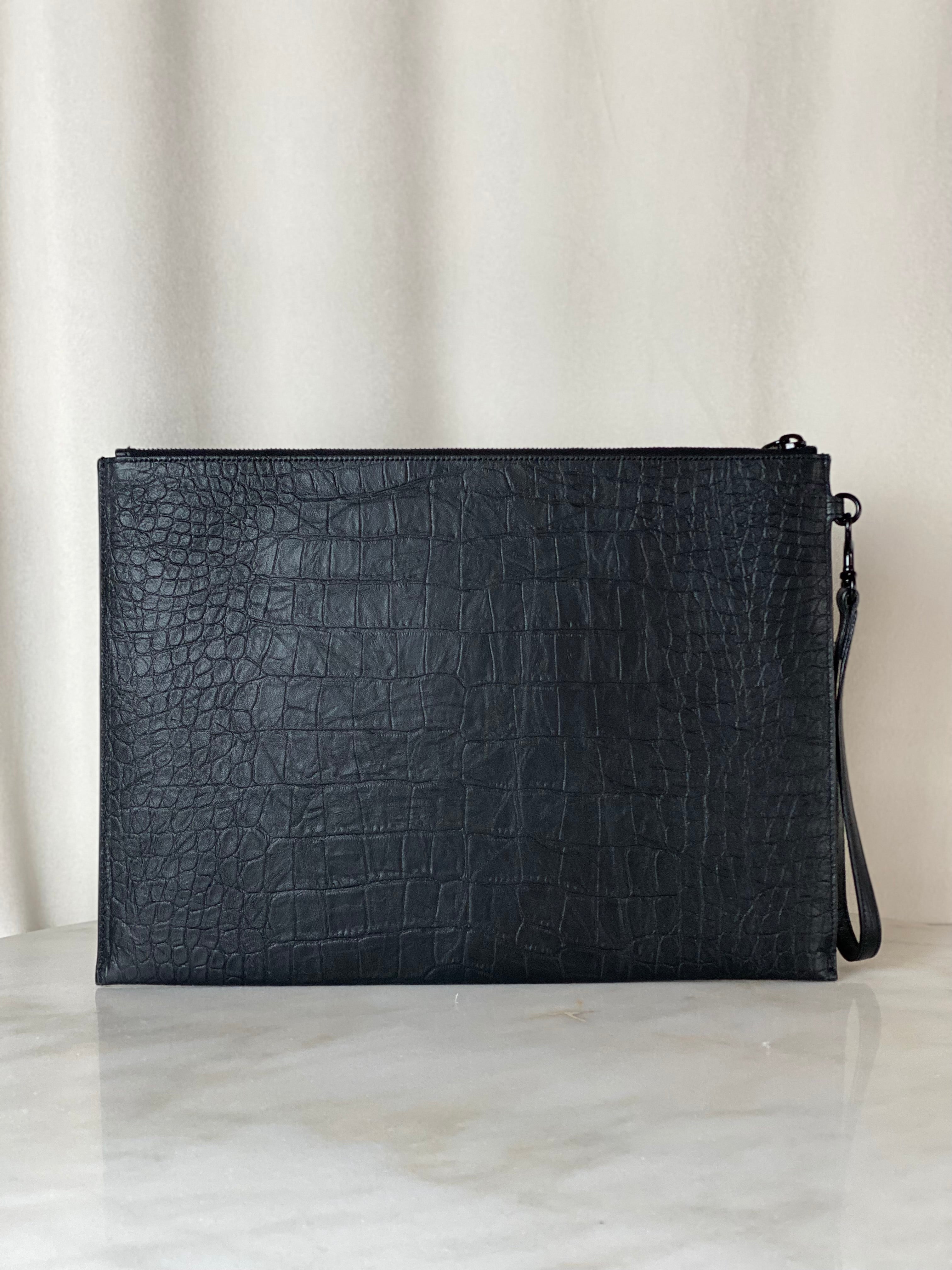 YSL Black Croco Embossed Cassandre Zip Pouch Tablet Holder
