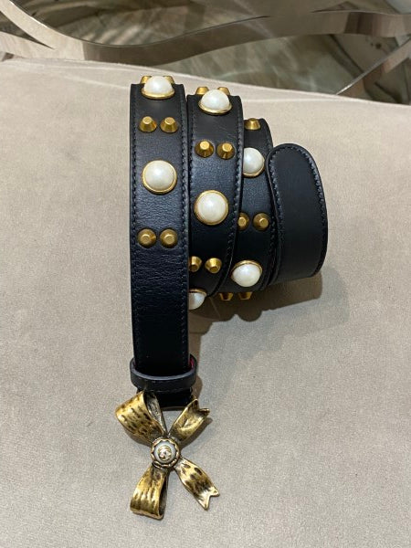Gucci Black GG Pearl Bow Buckle Studded Belt 34-Belt-Gucci-The Closet Egypt