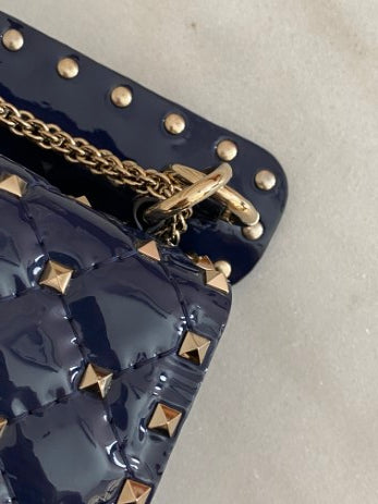 Valentino Navy Blue Medium Rockstud Spike Top Handle Bag W/ Chain-handbag-Valentino-The Closet Egypt