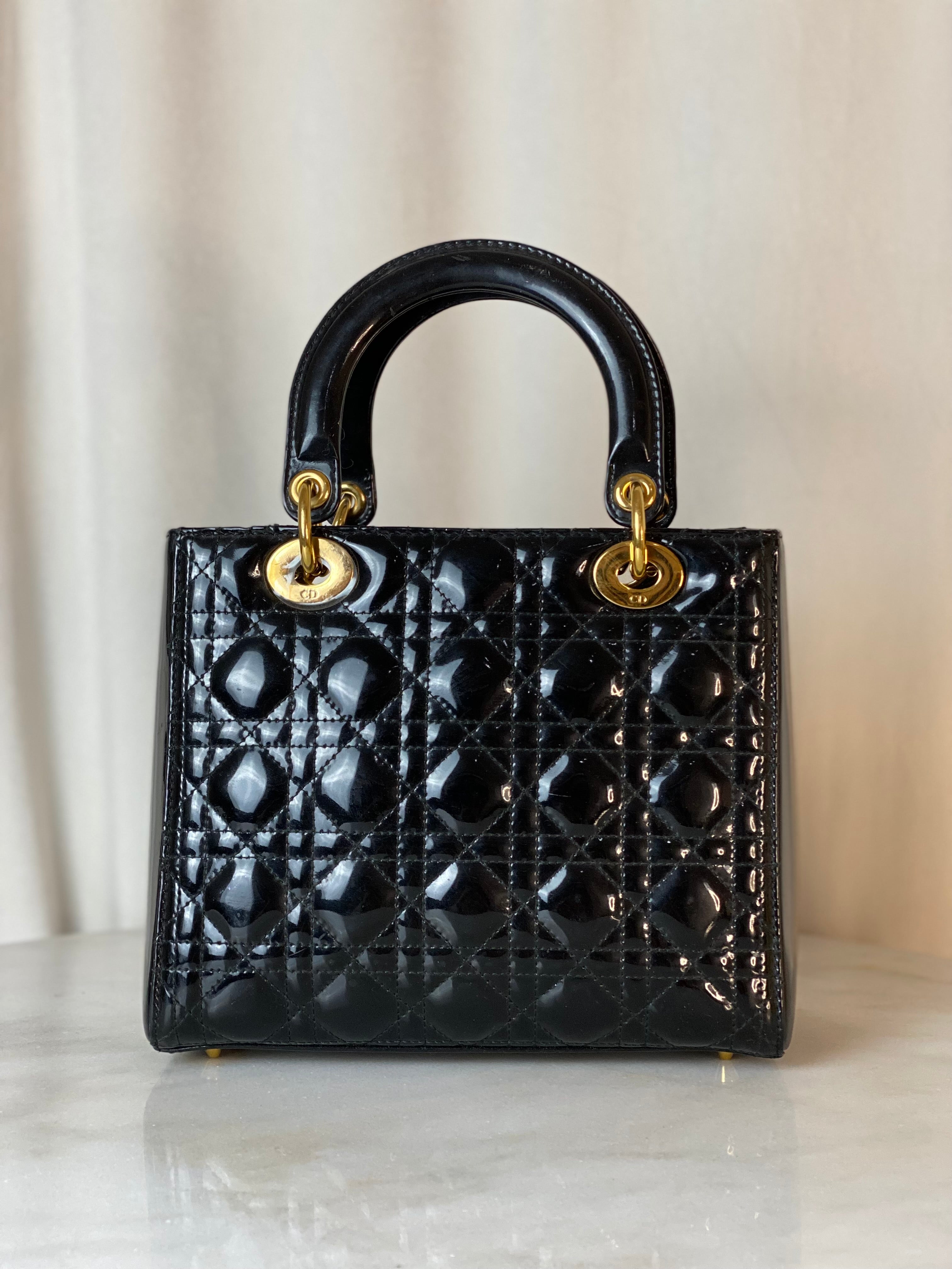 Christian Dior Black Vernies Lady Dior Medium Tote Bag W/ Strap