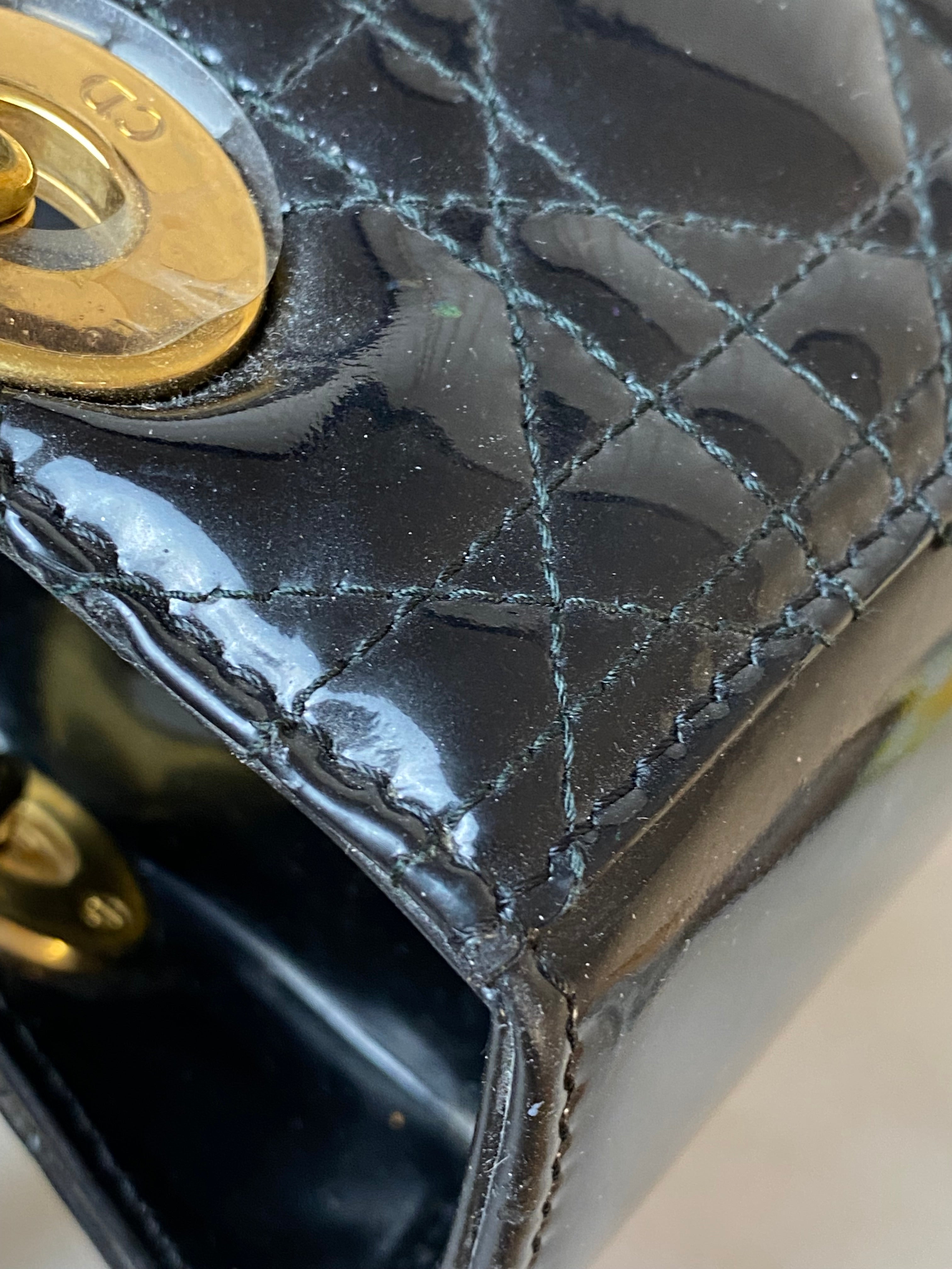 Christian Dior Black Vernies Lady Dior Medium Tote Bag W/ Strap