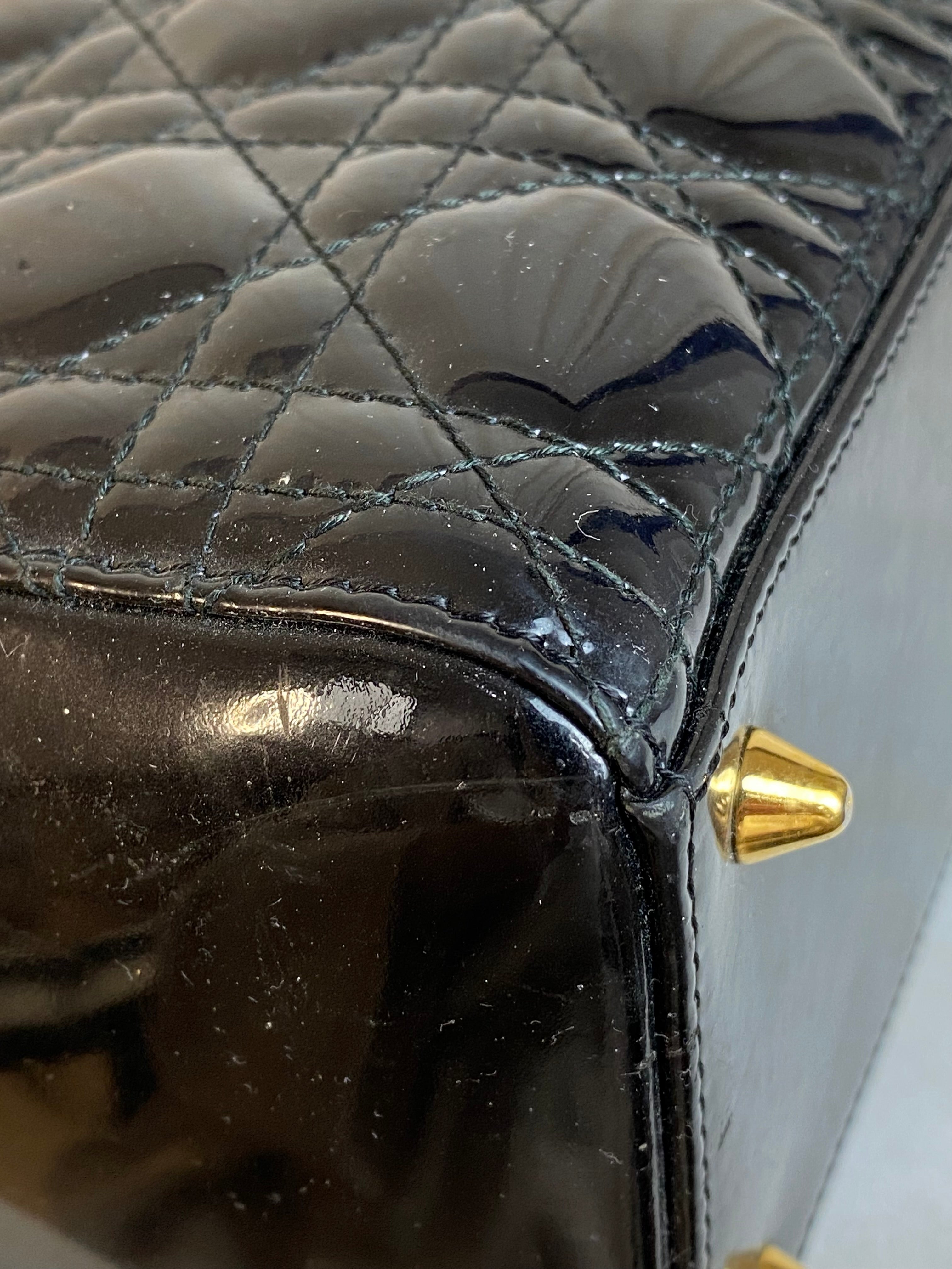 Christian Dior Black Vernies Lady Dior Medium Tote Bag W/ Strap
