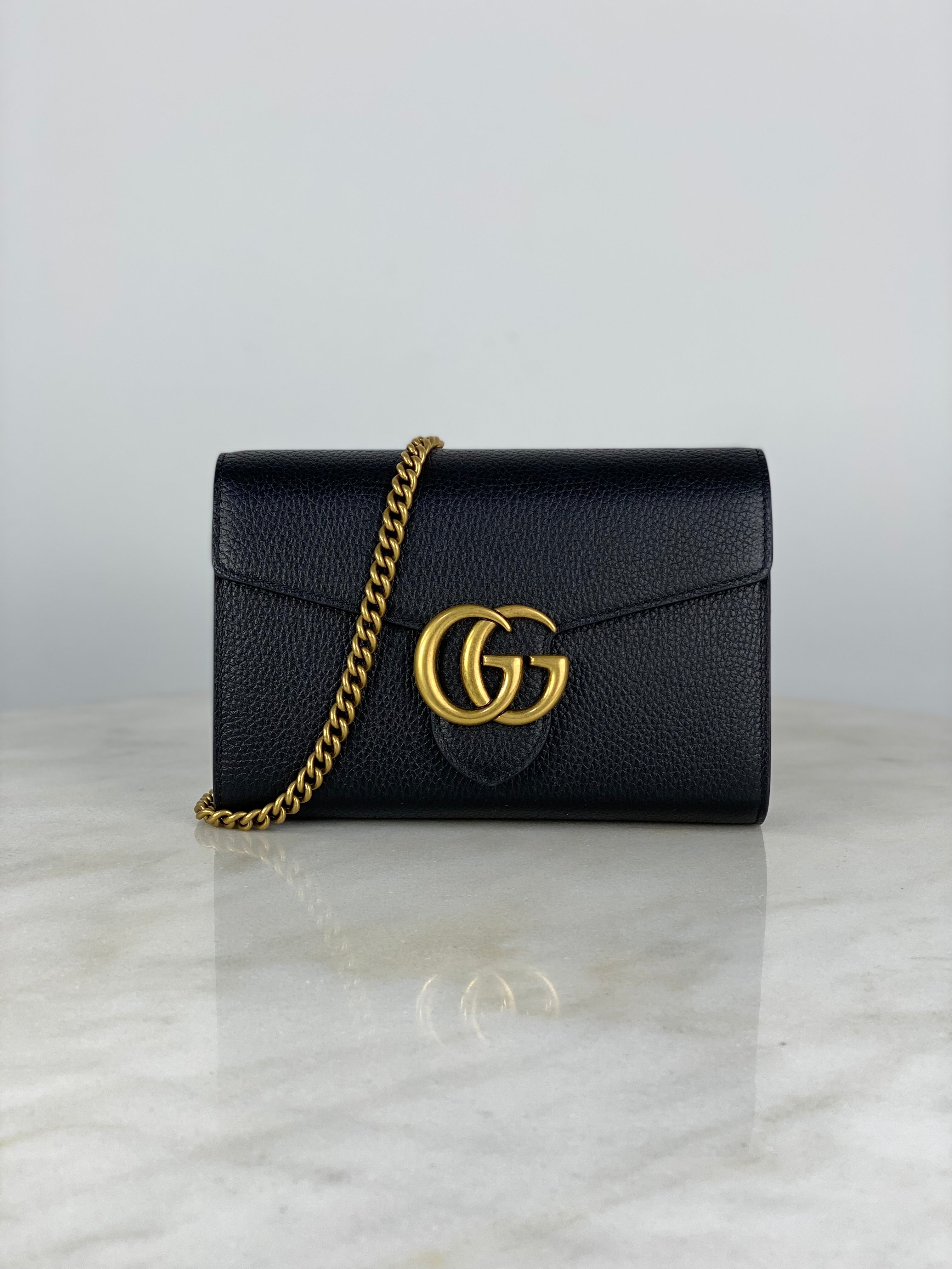 Gucci Black Pebbled GG Marmont Wallet on Chain