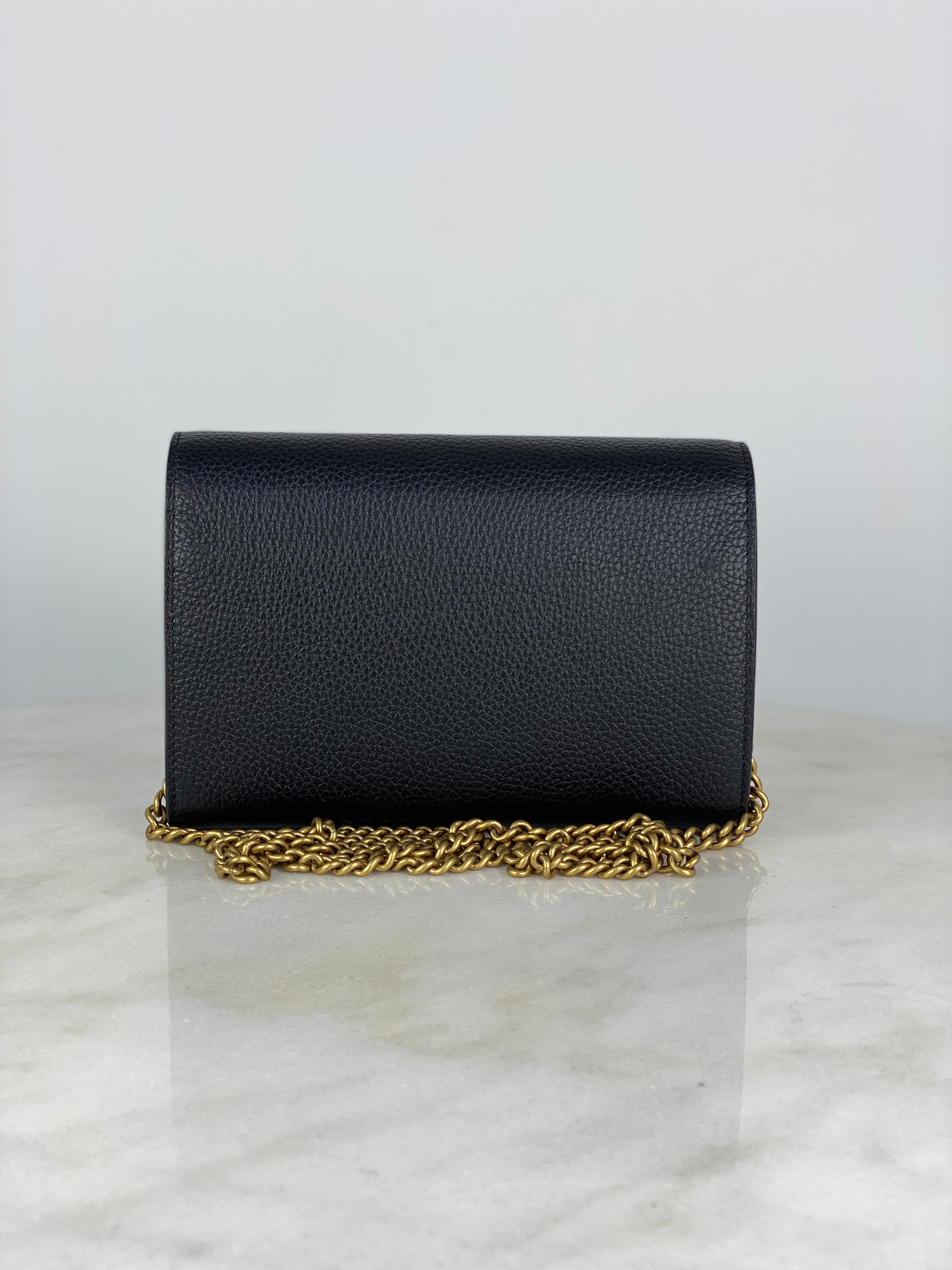 Gucci Black Pebbled GG Marmont Wallet on Chain