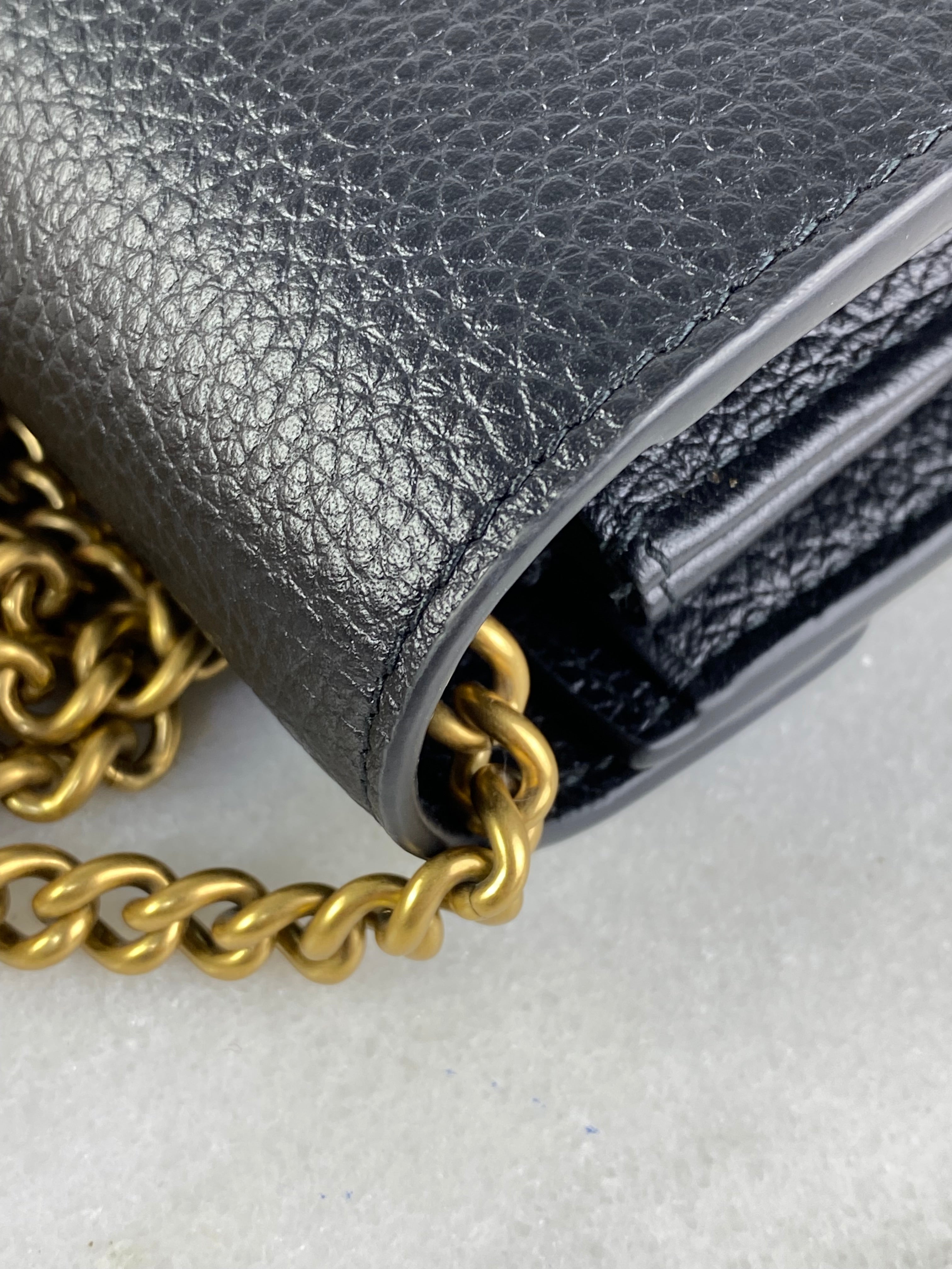 Gucci Black Pebbled GG Marmont Wallet on Chain